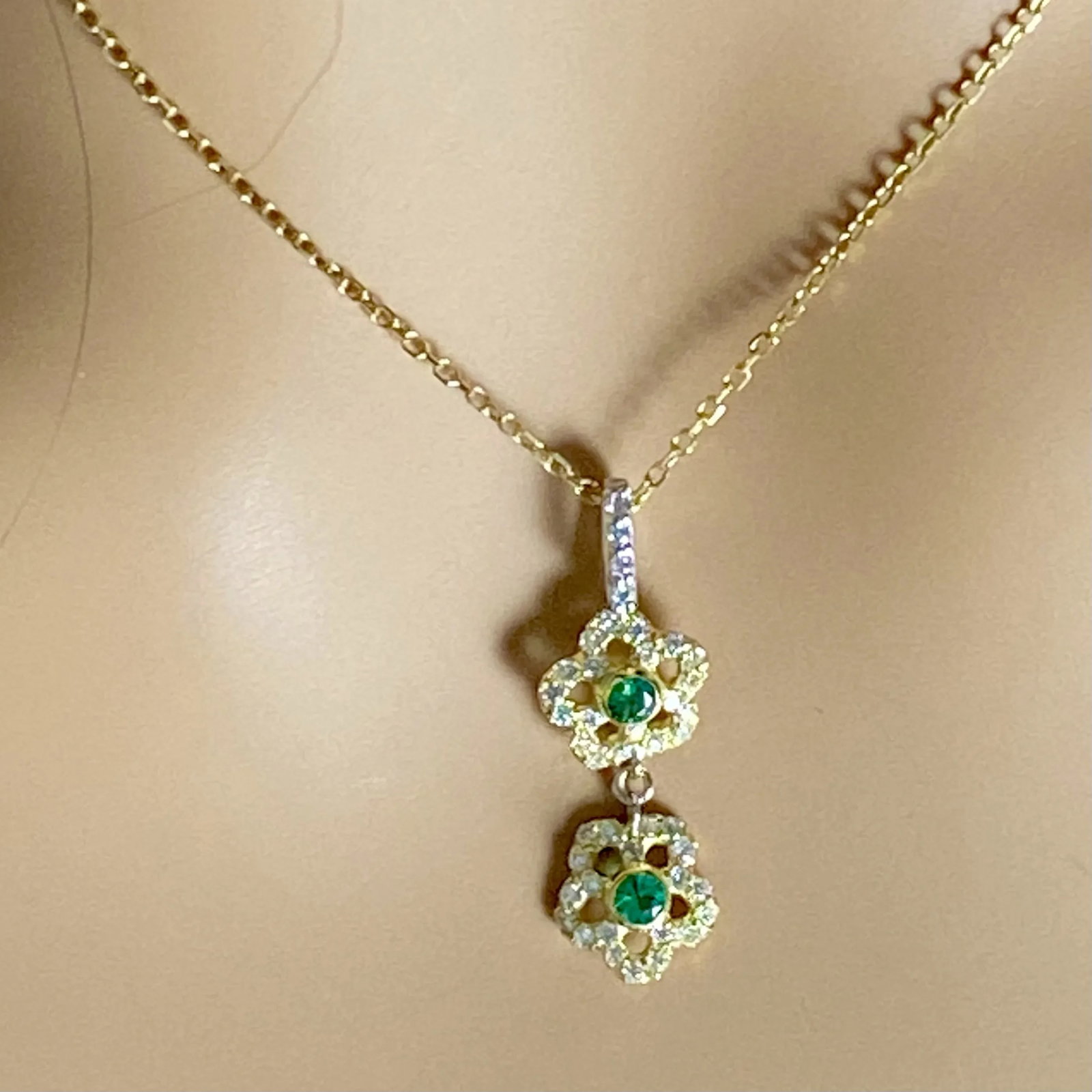 14 Karat Yellow White Gold Floral Pendant Necklace With Emeralds and Diamonds - 6