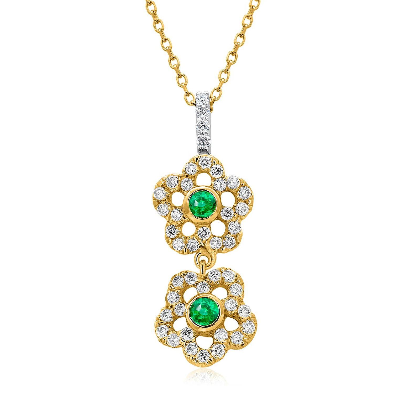 14 Karat Yellow White Gold Floral Pendant Necklace With Emeralds and Diamonds - 7