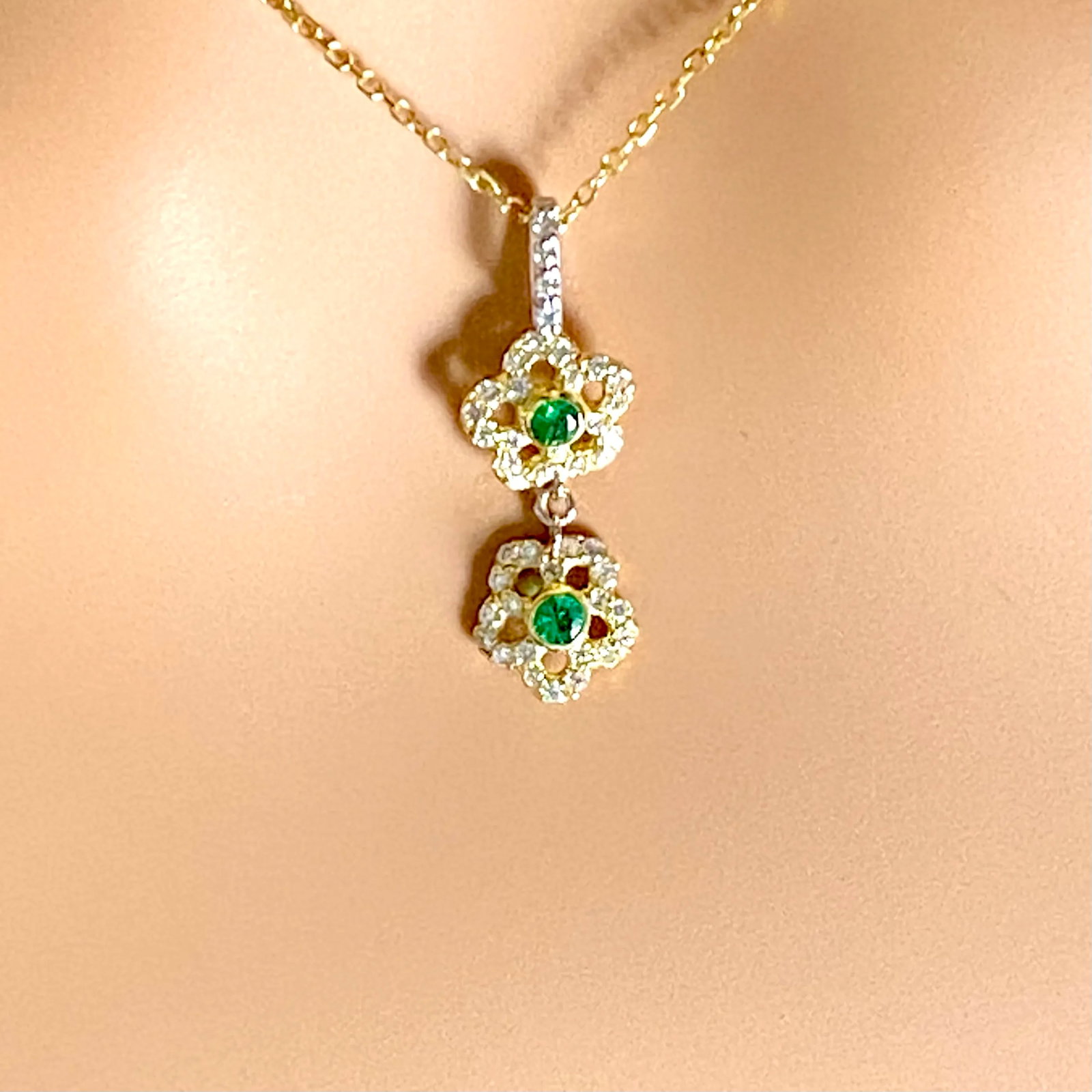 14 Karat Yellow White Gold Floral Pendant Necklace With Emeralds and Diamonds - 8