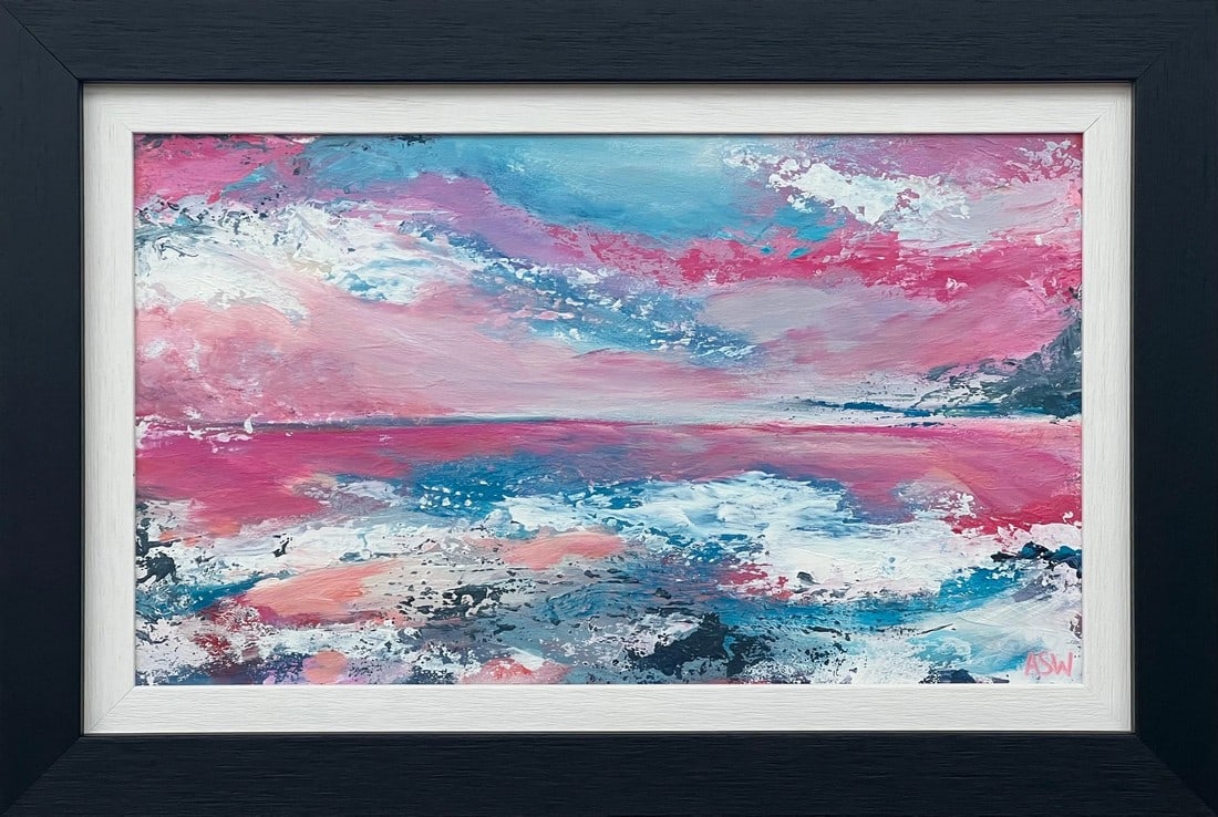Abstract Landscape Seascape Painting With Pink & Blue Sky by British Artist: Abstract Landscape Seascape Painting with Pink & Blue Sky by Leading British Painter, Angela Wakefield Art measures 18 x 12 inches Frame measures 22 x 16 inches This painting features an abstract
