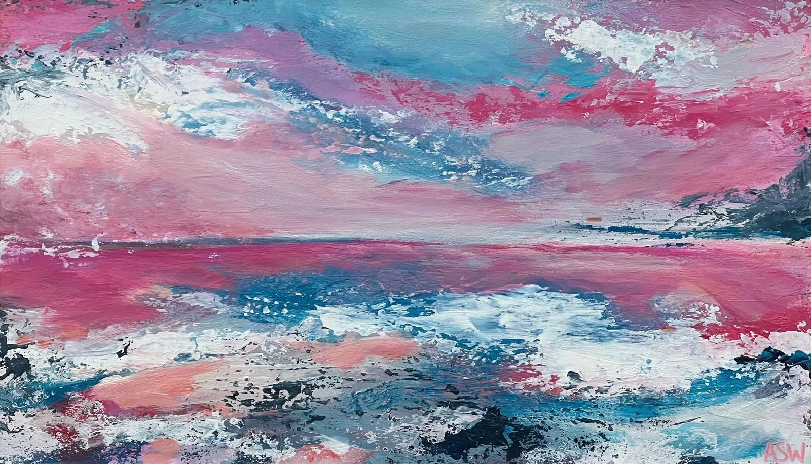 Abstract Landscape Seascape Painting With Pink & Blue Sky by British Artist - 6