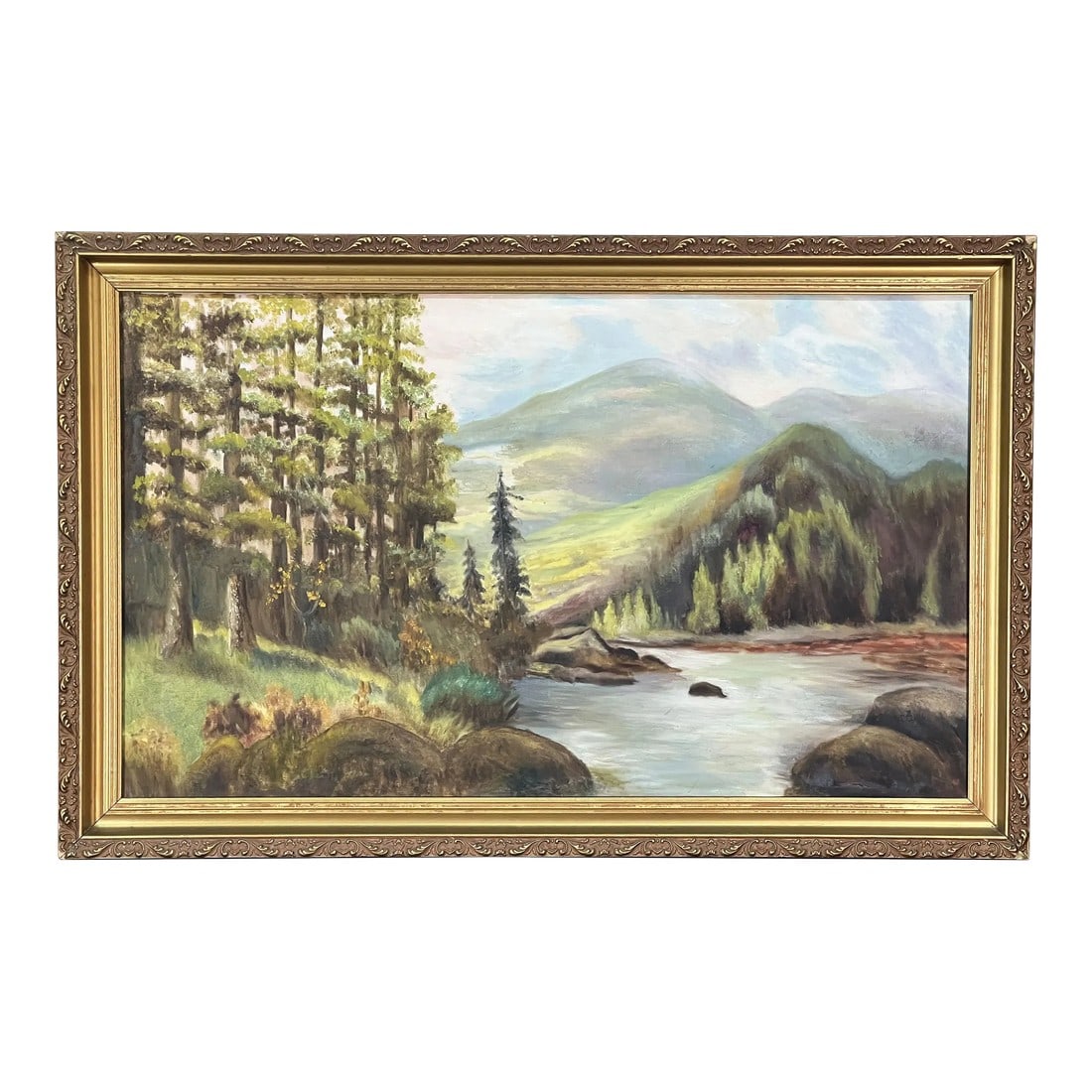 Vintage Oil on Canvas Wooded Landscape Painting Signed j.e. Clark: Fabulous vintage oil on canvas landscape of a lovely wooded scene with a river, likely first quarter of the 20th century. Great colors and brush control as you can see, really a lovely piece. Well
