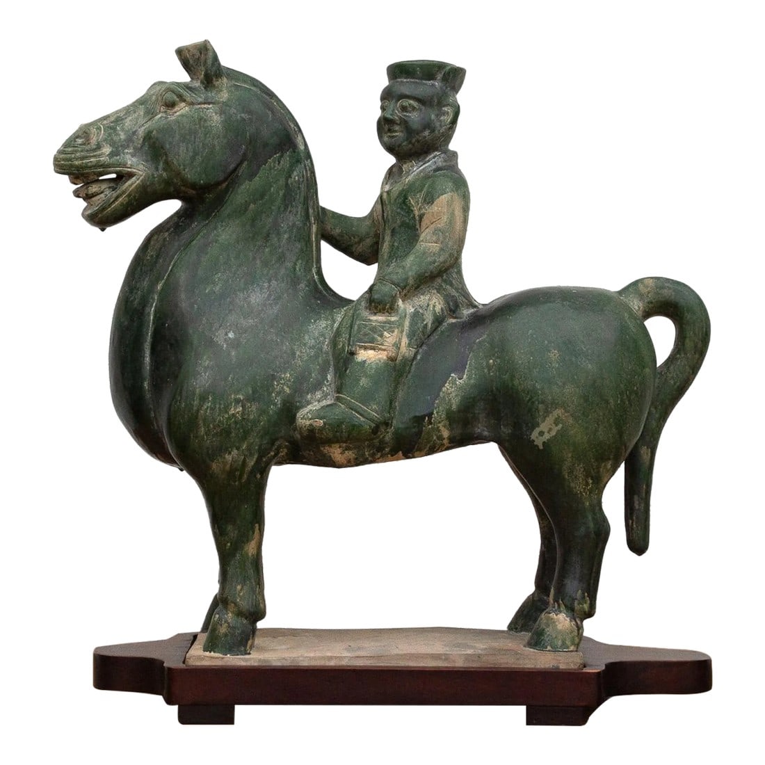 Large Tang Dynasty Style Horse & Rider: This striking pottery sculpture, depicting a noble figure astride a powerful steed, embodies the grandeur and dynamism of Tang Dynasty artistry (618-907 AD). The horse, with its muscular form and