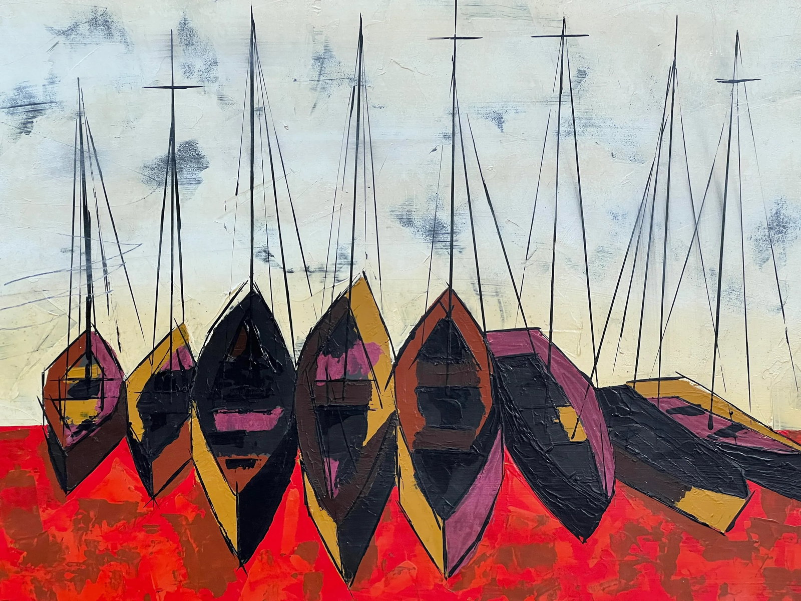 Vintage Scandinavian Mid Century Modernist Oil on Board Painting of Sailboats - 2