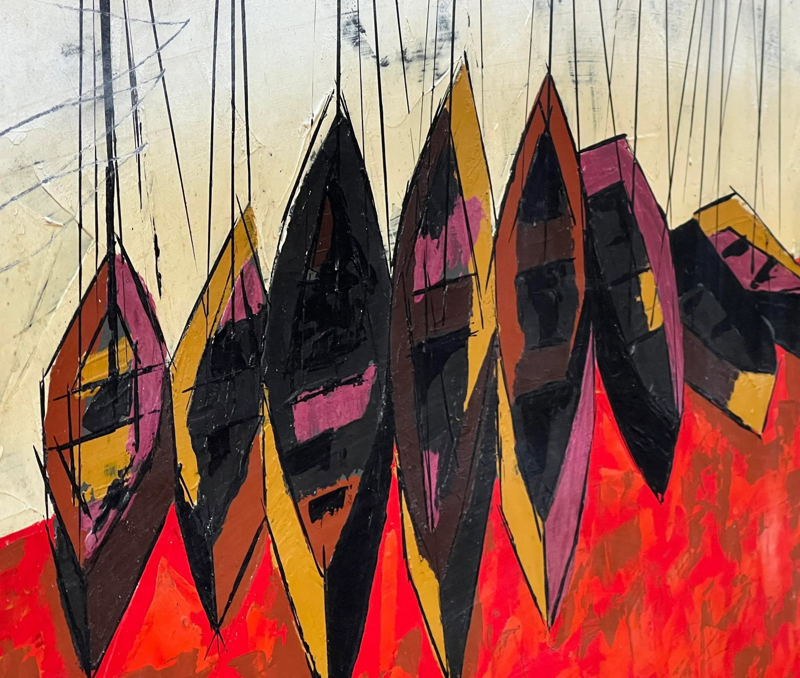 Vintage Scandinavian Mid Century Modernist Oil on Board Painting of Sailboats - 4