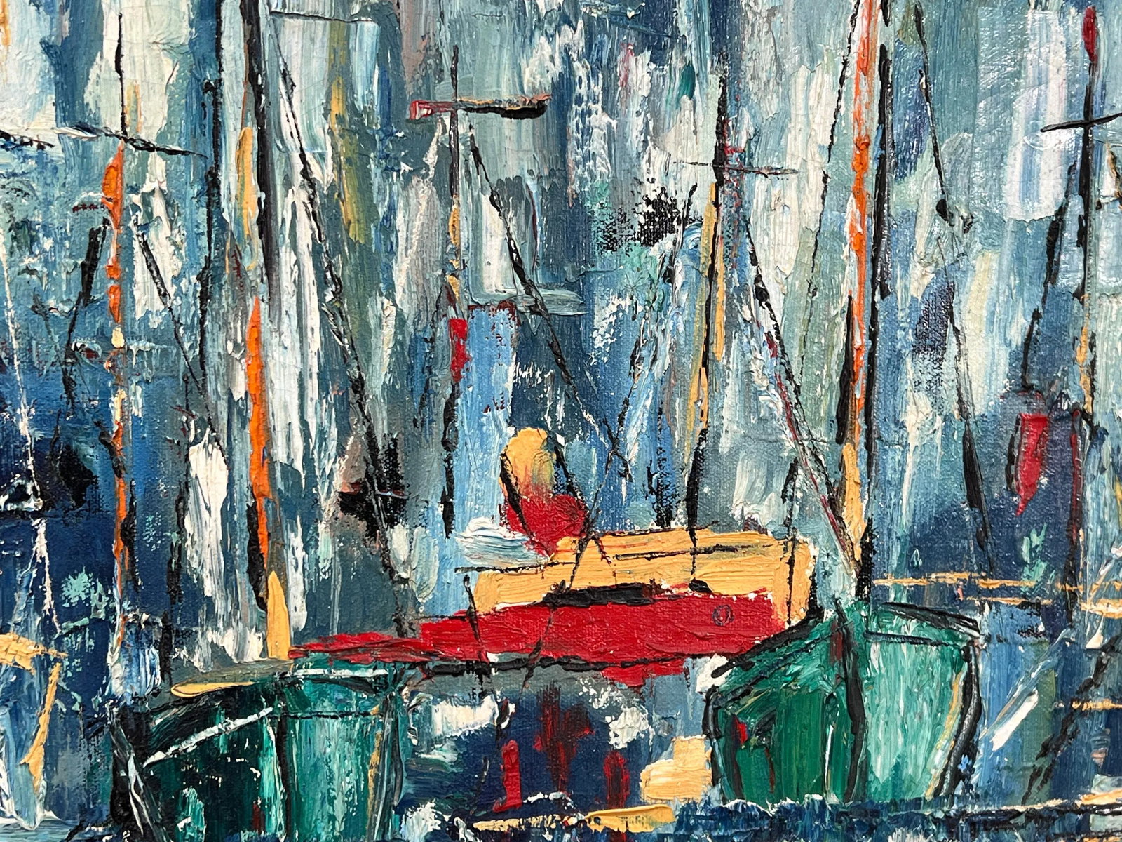 Vintage Mid Century Modern Oil on Canvas Abstract Sailboats Framed Painting - 2