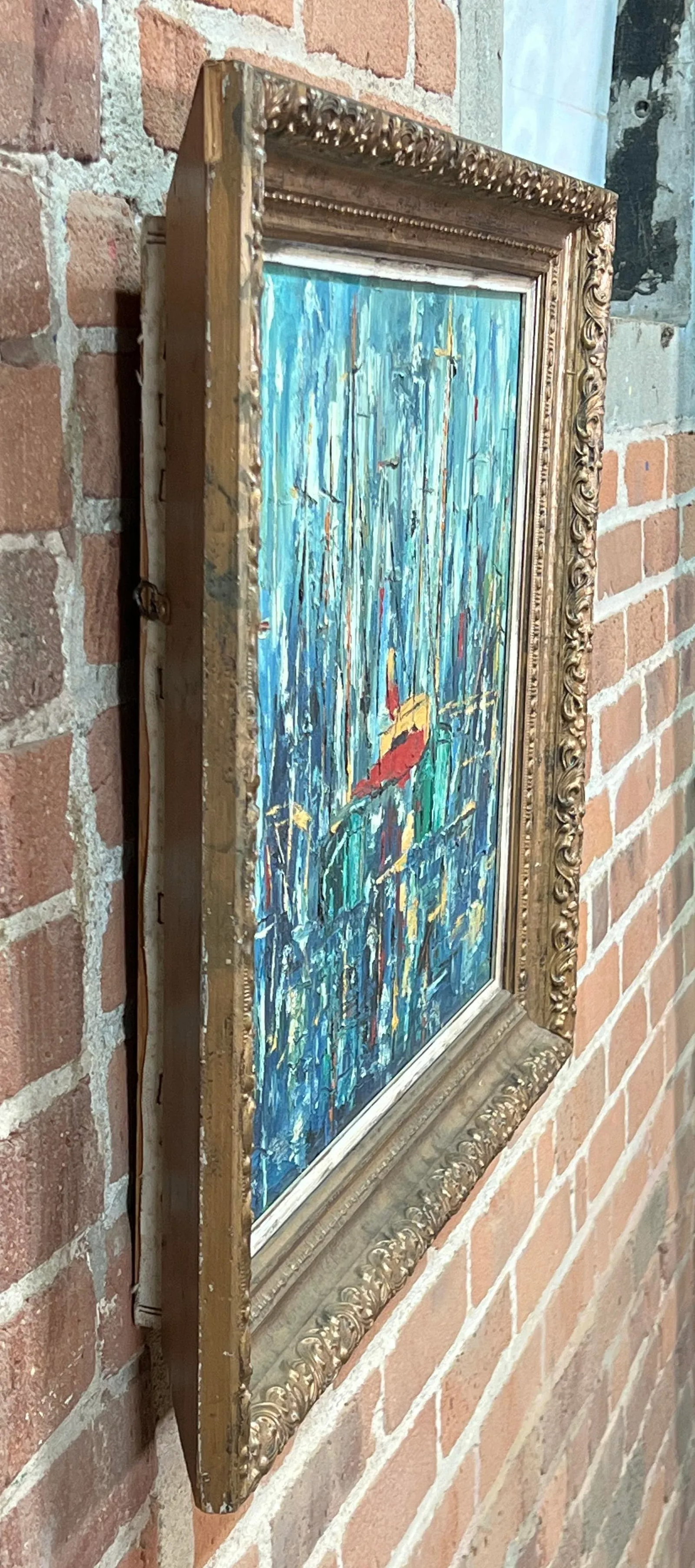 Vintage Mid Century Modern Oil on Canvas Abstract Sailboats Framed Painting - 3