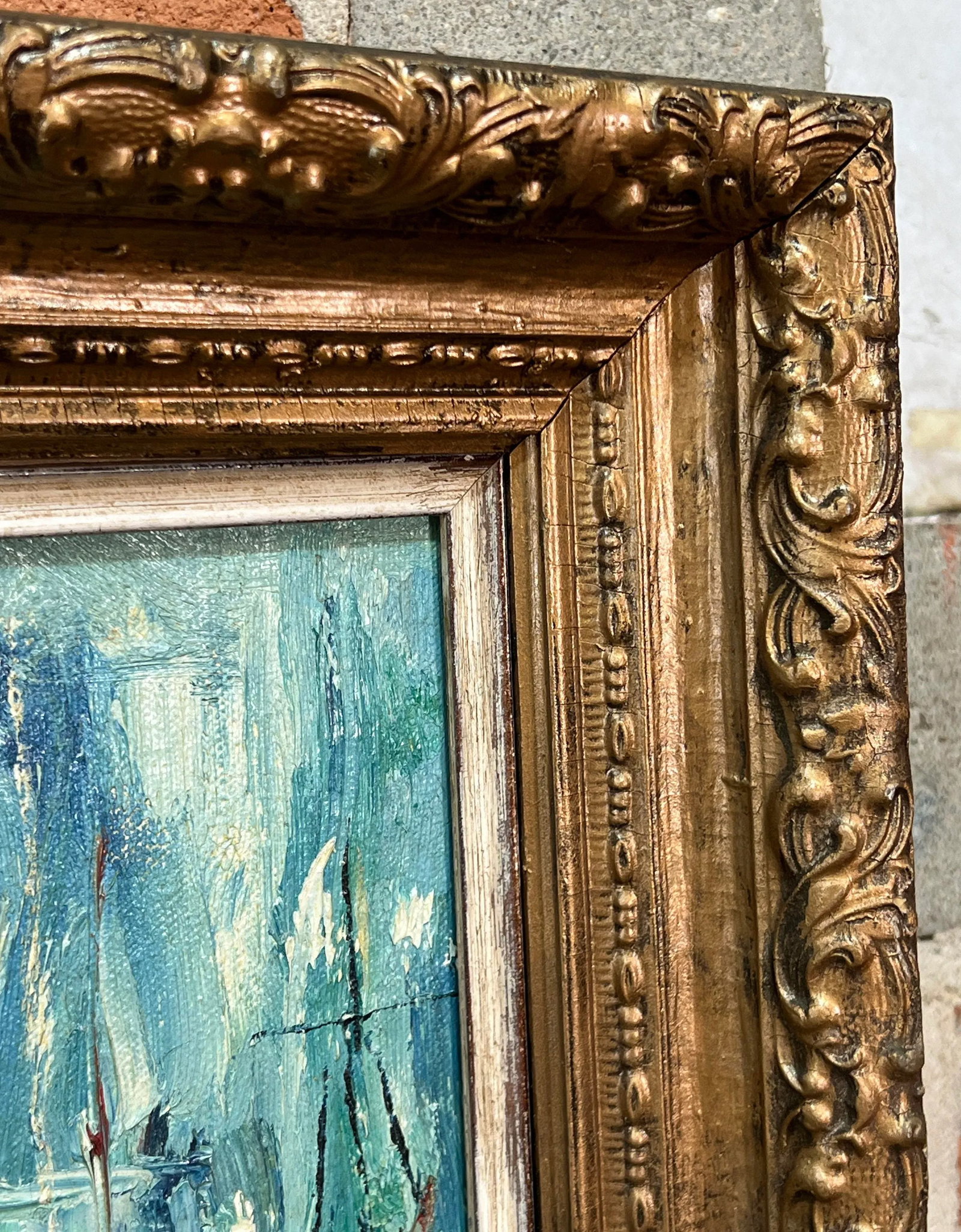 Vintage Mid Century Modern Oil on Canvas Abstract Sailboats Framed Painting - 5