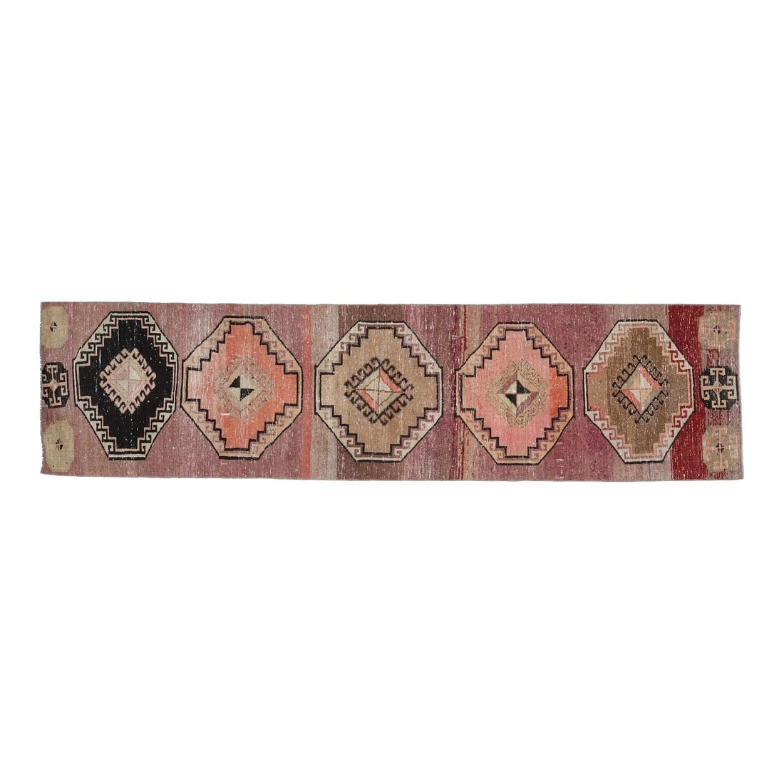 Colorful Pink Brown Red Runner Rug Vintage Turkish Oushak Wool Handmade Runner: Vintage Turkish Hand-Knotted vintage rug is a semi-antique vintage runner rug. The '70s Eastern region of Turkey's unique rug is perfectly hand-knotted by the artisan. This special piece of art has
