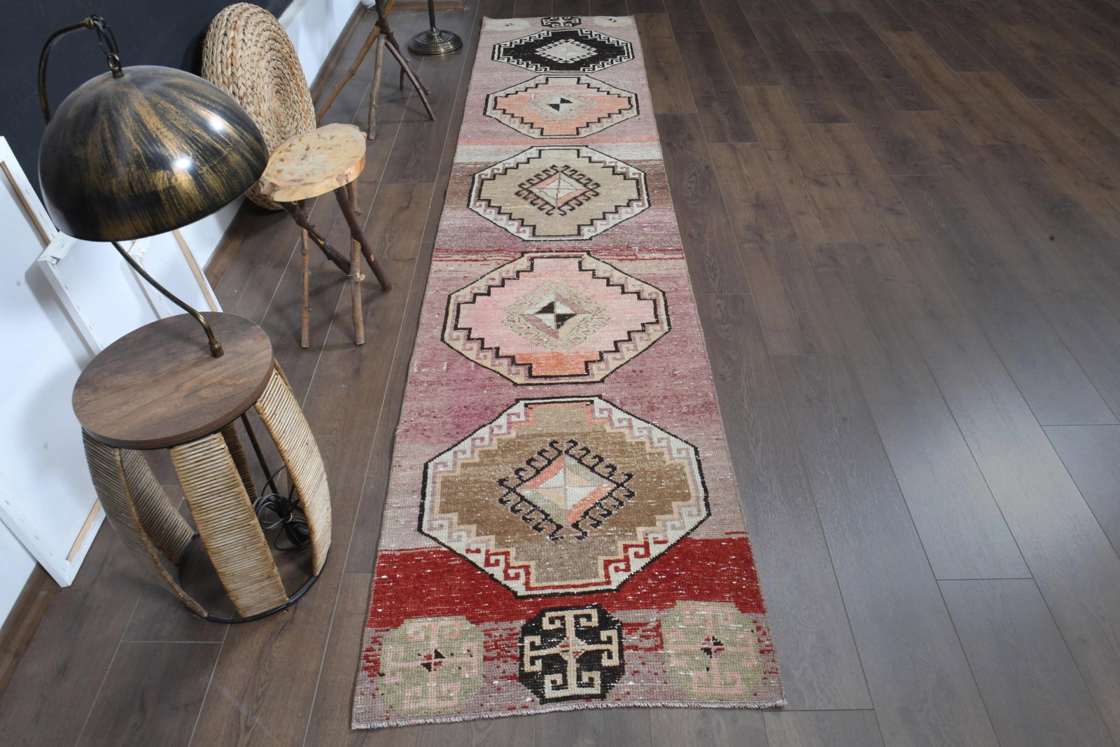 Colorful Pink Brown Red Runner Rug Vintage Turkish Oushak Wool Handmade Runner - 2