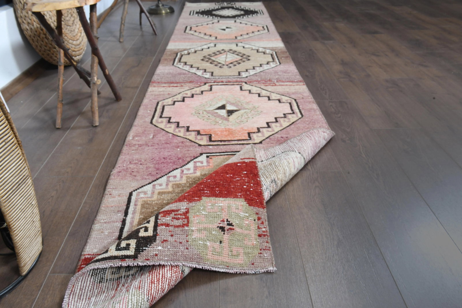 Colorful Pink Brown Red Runner Rug Vintage Turkish Oushak Wool Handmade Runner - 3