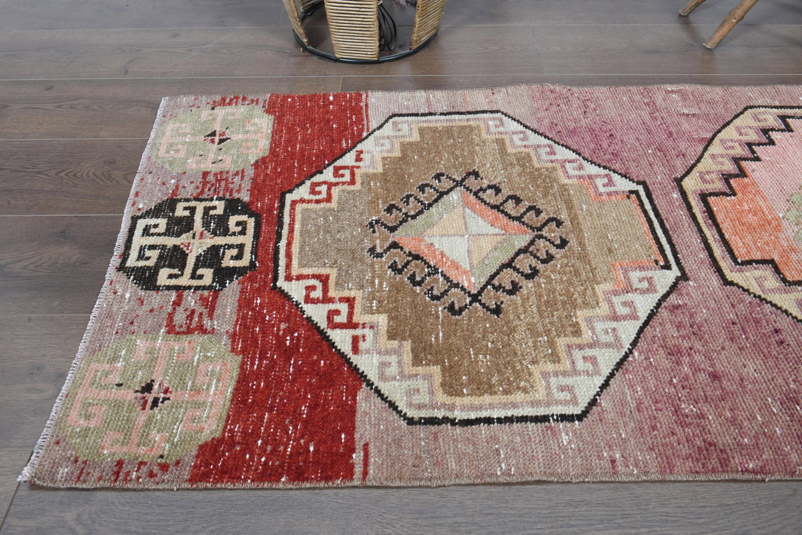 Colorful Pink Brown Red Runner Rug Vintage Turkish Oushak Wool Handmade Runner - 4
