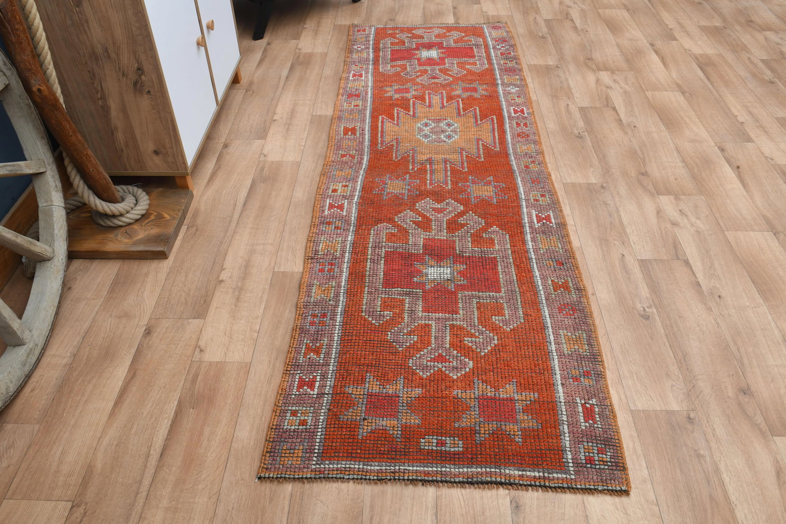 Orange Red Vintage Turkish Oushak Wool Handmade Tribal Runner Rug - 2