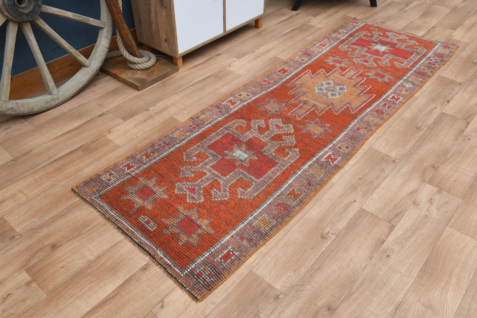 Orange Red Vintage Turkish Oushak Wool Handmade Tribal Runner Rug - 3