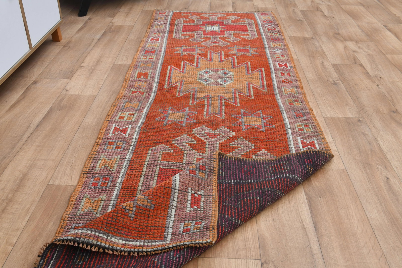 Orange Red Vintage Turkish Oushak Wool Handmade Tribal Runner Rug - 5