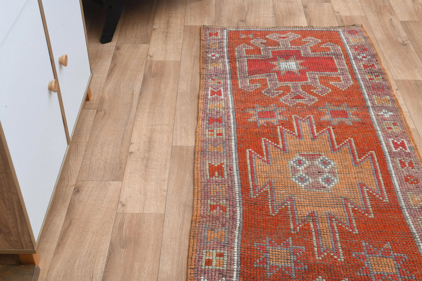 Orange Red Vintage Turkish Oushak Wool Handmade Tribal Runner Rug - 6