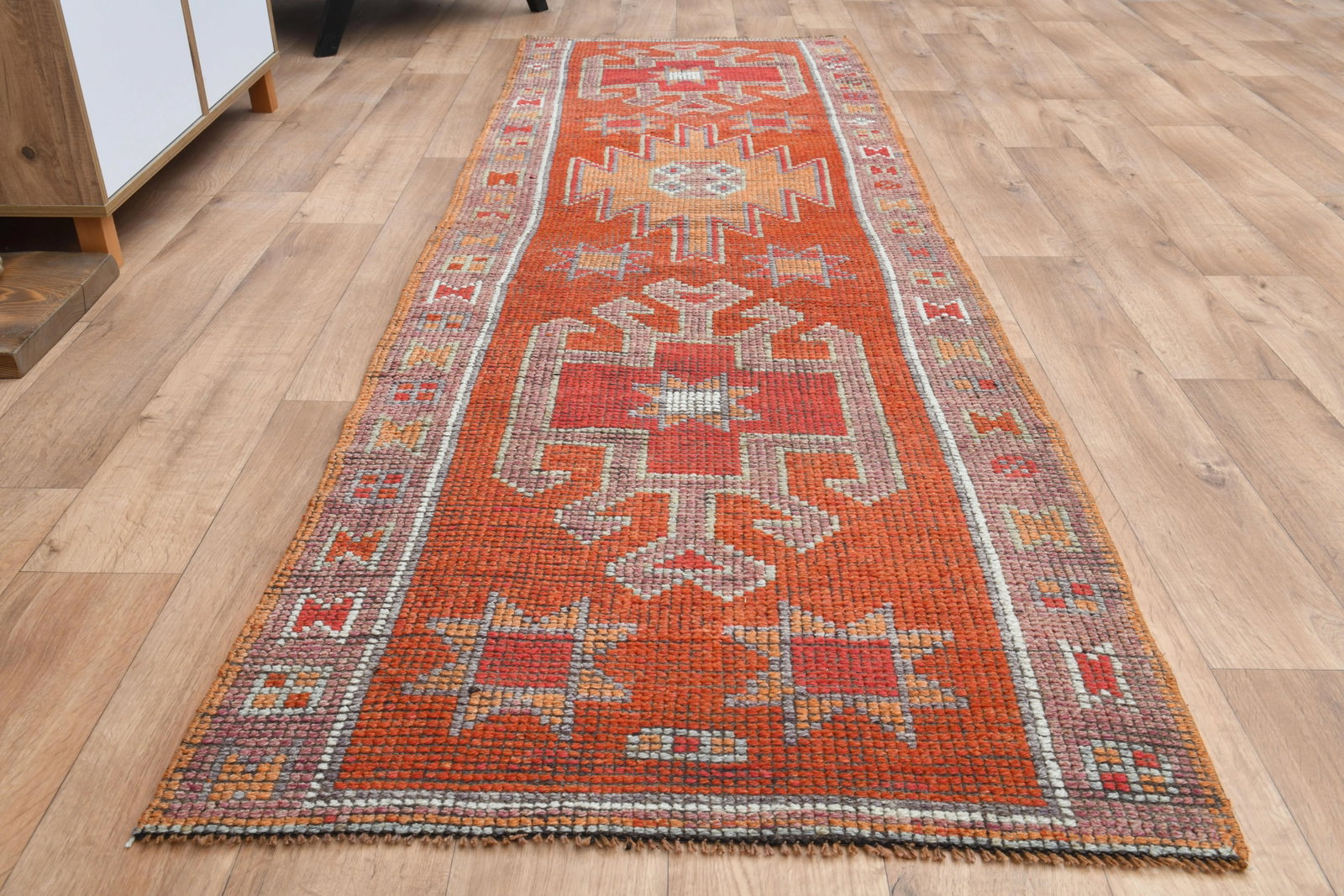 Orange Red Vintage Turkish Oushak Wool Handmade Tribal Runner Rug - 8
