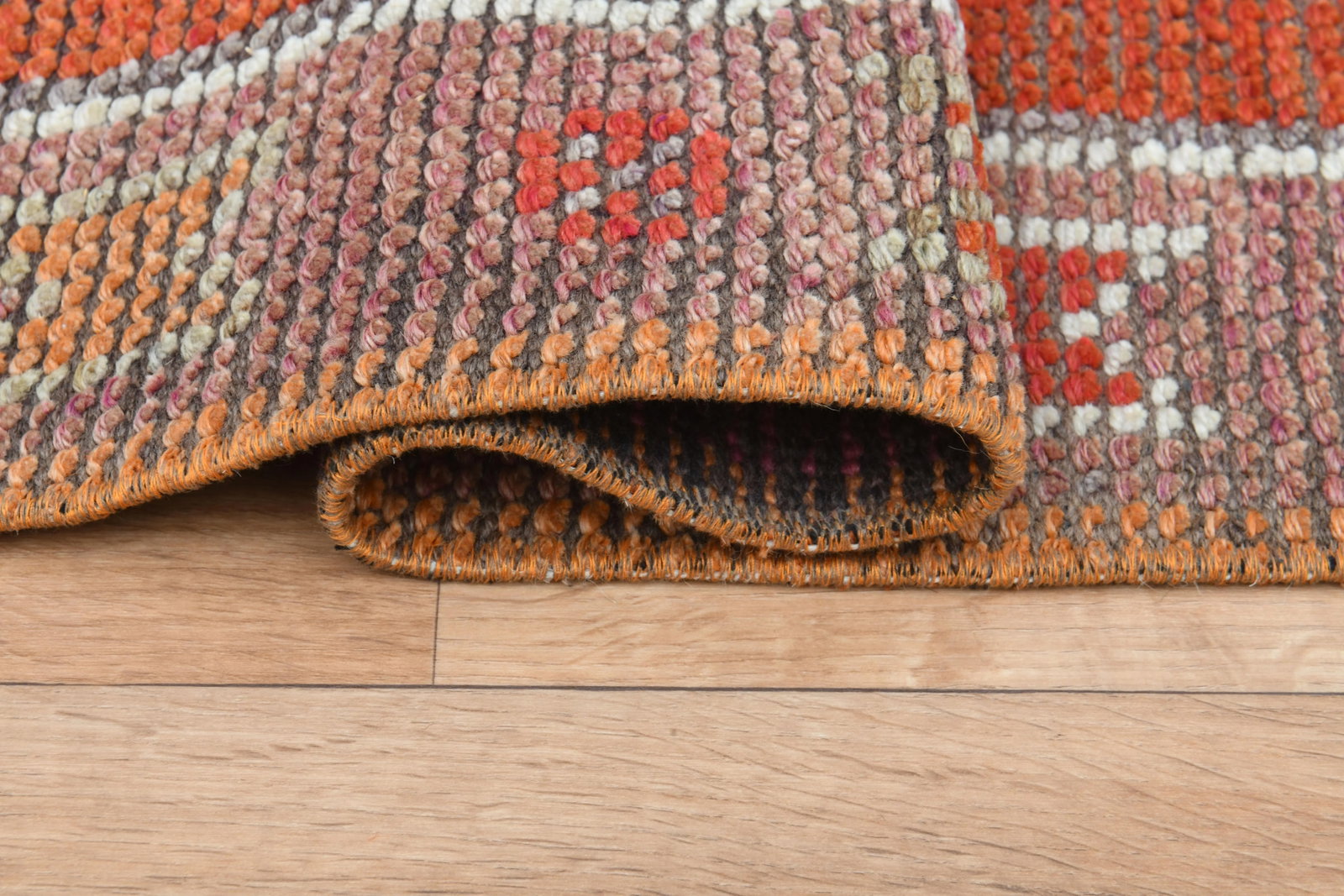 Orange Red Vintage Turkish Oushak Wool Handmade Tribal Runner Rug - 9