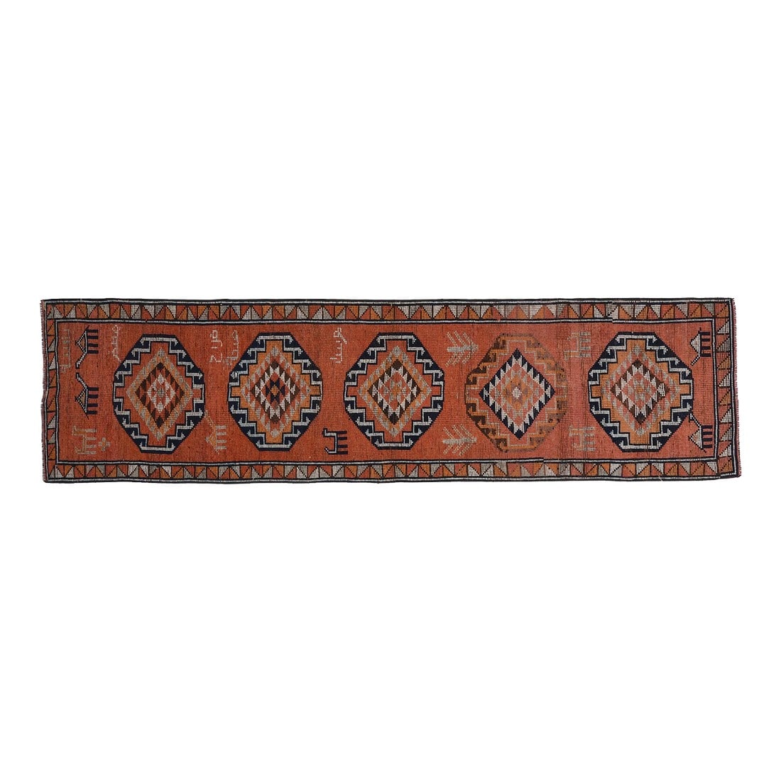 Orange Vintage Turkish Oushak Handmade Woven Runner Rug: Vintage Turkish Hand-Knotted vintage rug is a semi-antique vintage runner rug. The '70s Eastern region of Turkey's unique rug is perfectly hand-knotted by the artisan. This special piece of art has