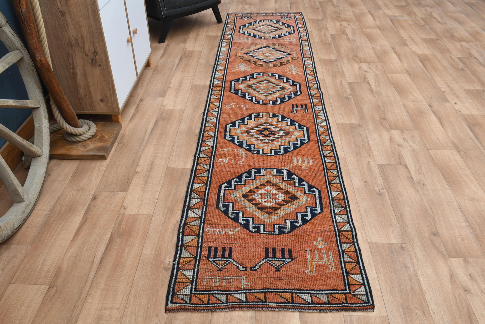 Orange Vintage Turkish Oushak Handmade Woven Runner Rug - 2