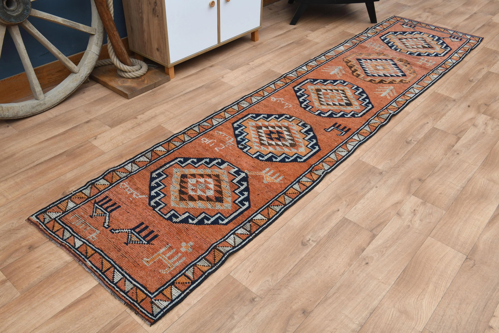 Orange Vintage Turkish Oushak Handmade Woven Runner Rug - 3