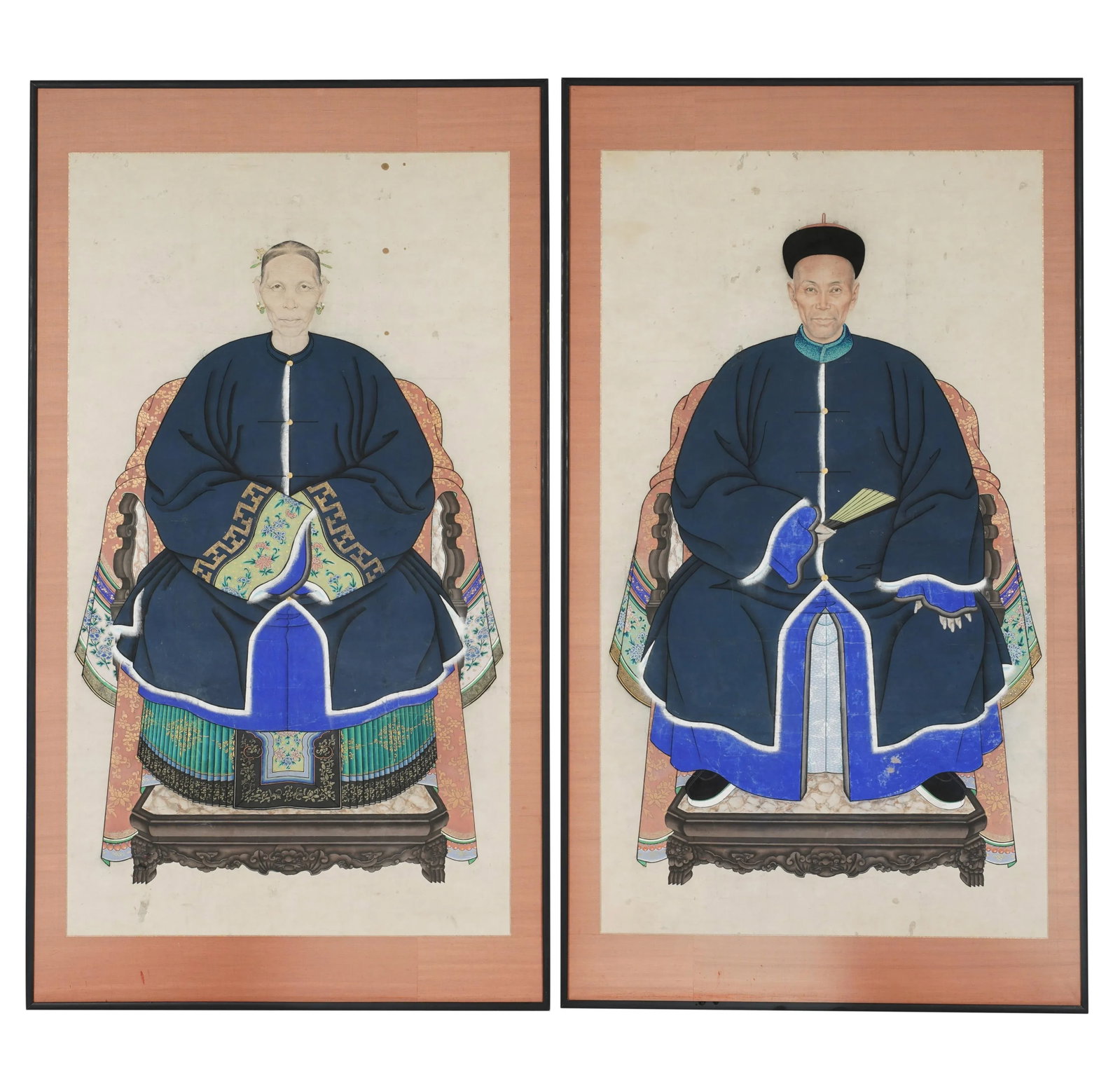 Antique 66" Tall Chinese Ancestral Painted Portraits, a Pair - 11