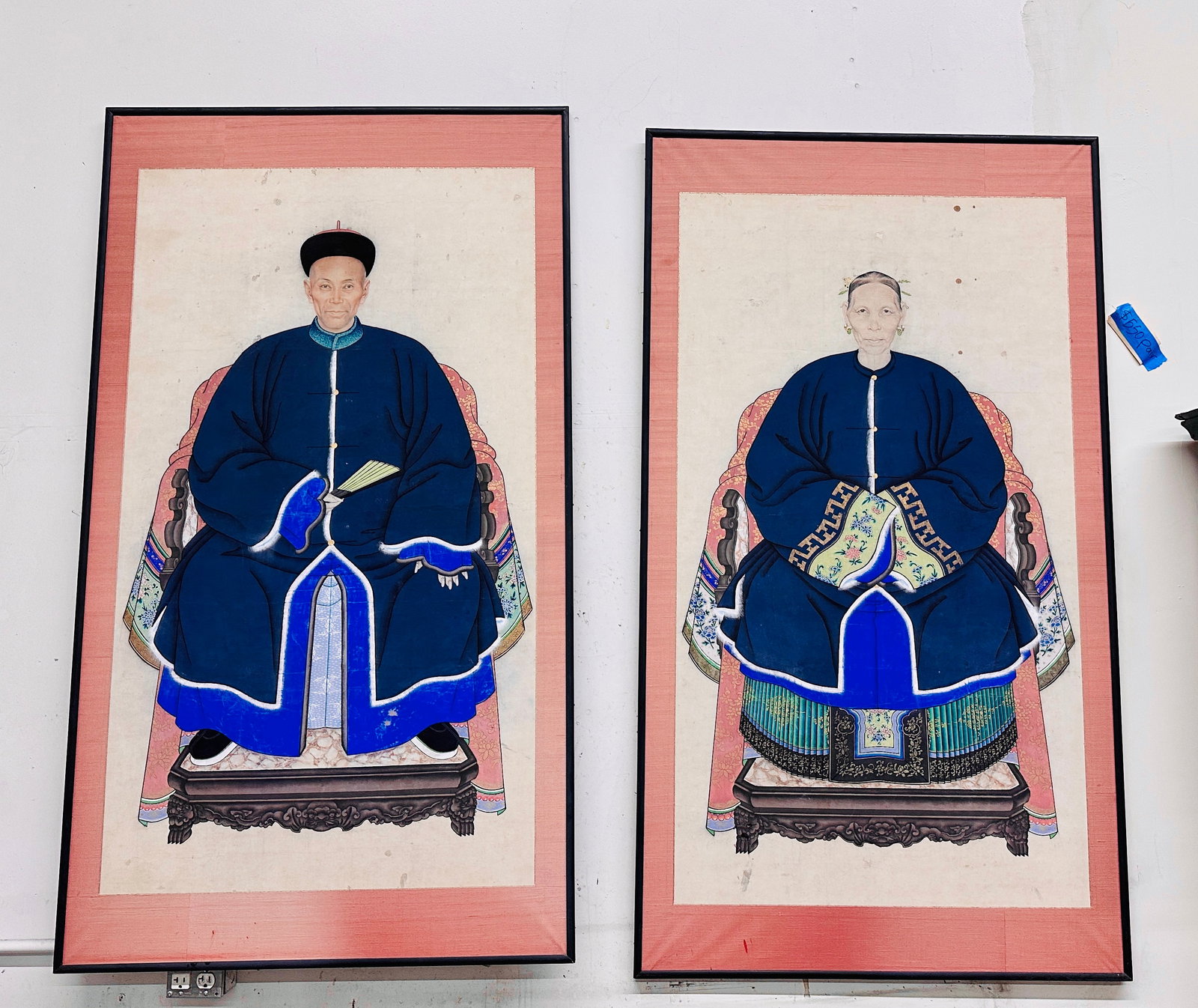 Antique 66" Tall Chinese Ancestral Painted Portraits, a Pair - 13