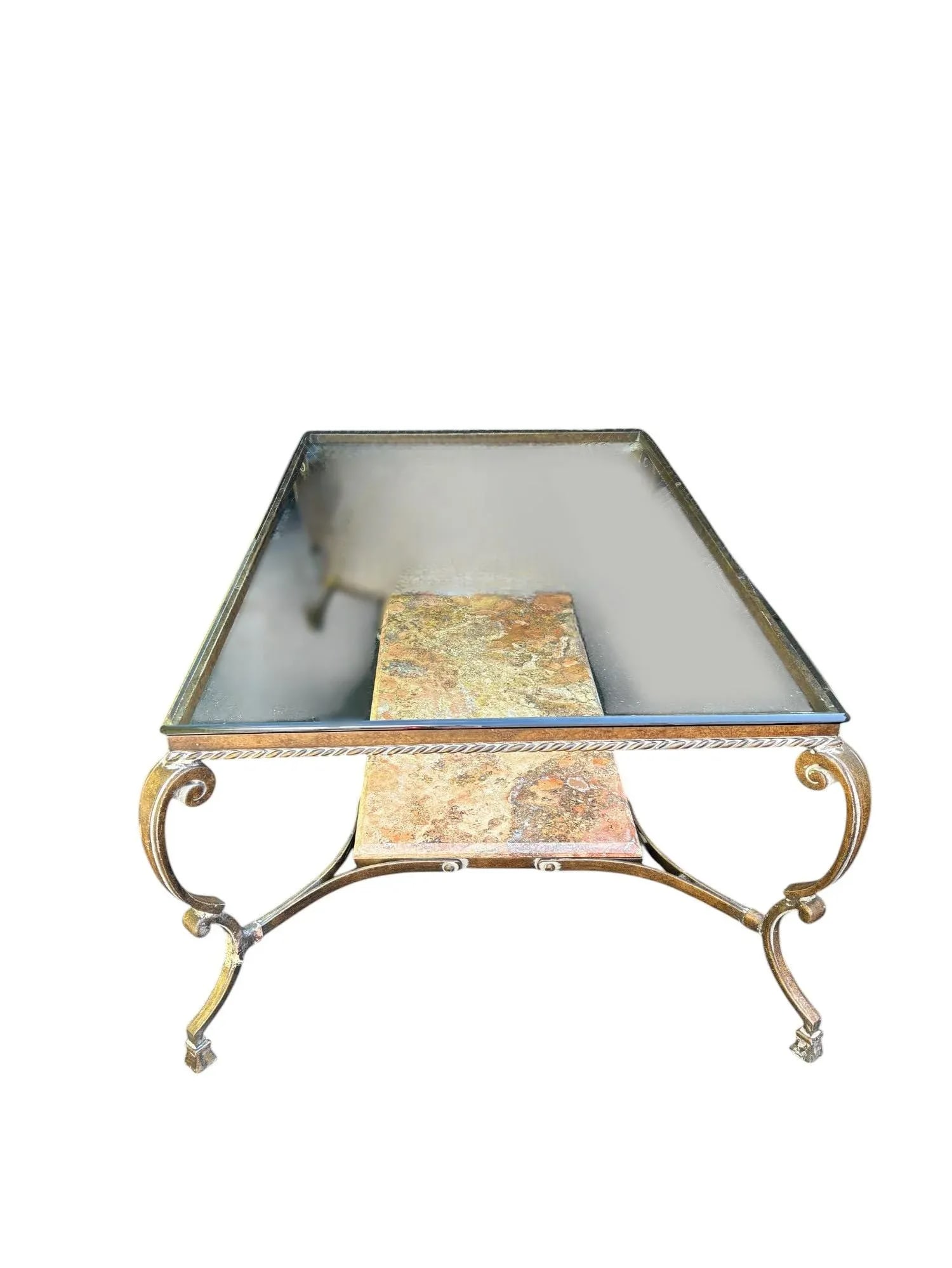 Sherrill Attributed Spanish Baroque Style Patinated Iron, Polished Stone, and Glass Top Coffee Table - 2