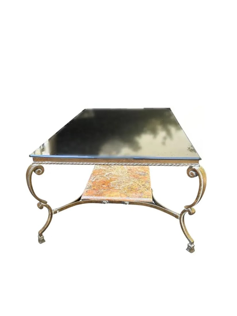 Sherrill Attributed Spanish Baroque Style Patinated Iron, Polished Stone, and Glass Top Coffee Table - 3