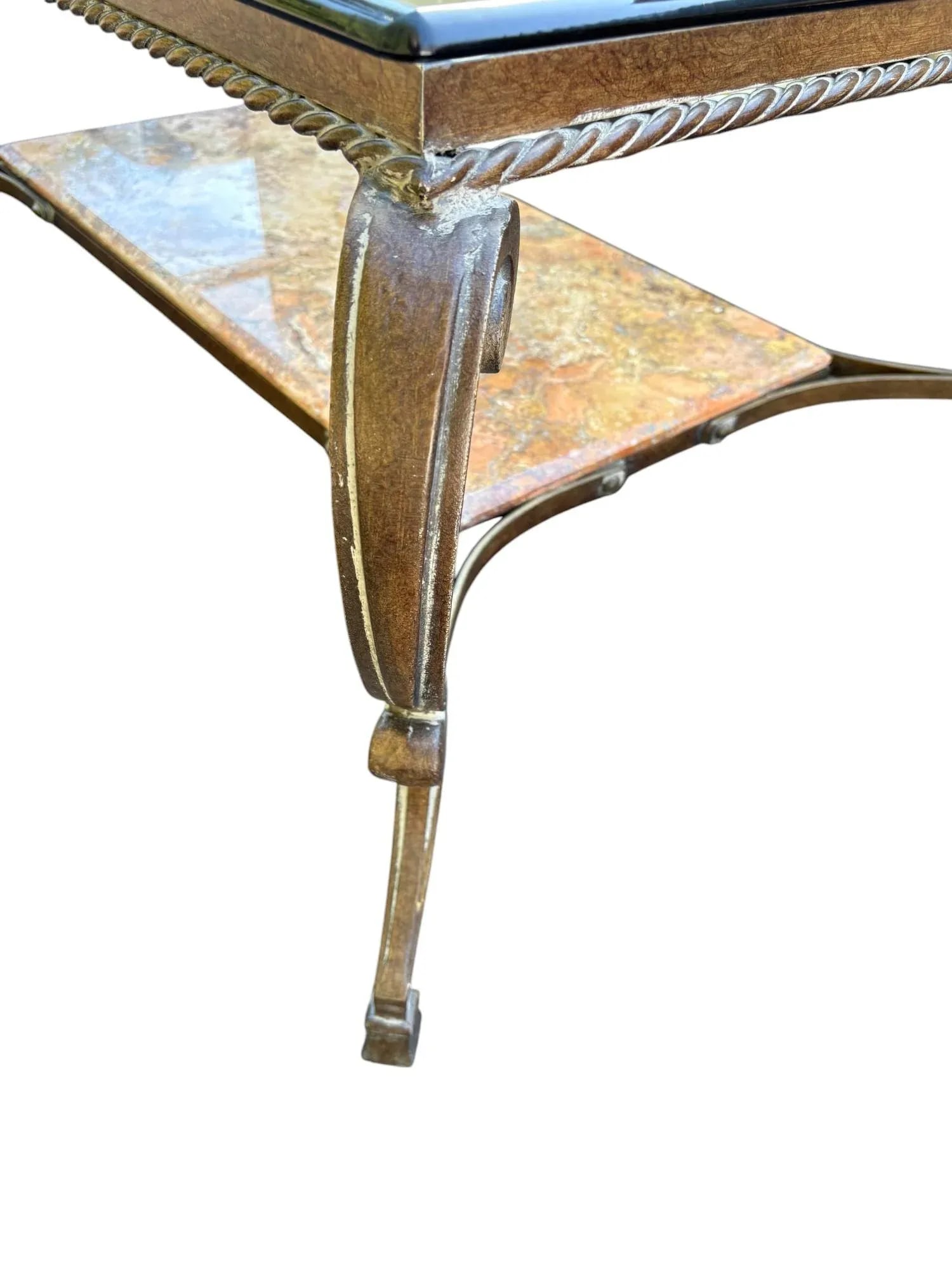 Sherrill Attributed Spanish Baroque Style Patinated Iron, Polished Stone, and Glass Top Coffee Table - 4