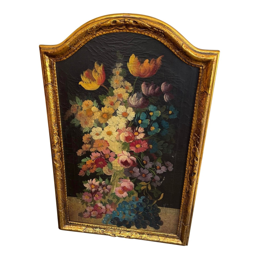 Large Antique Floral Still Life Oil Painting, Circa 1790-1820, Framed: A magnificent floral still life oil painting in original gold leaf frame. Judging by the nailheads on the sides of the canvas, this was probably made sometime between 1790-1810. The brilliant colors