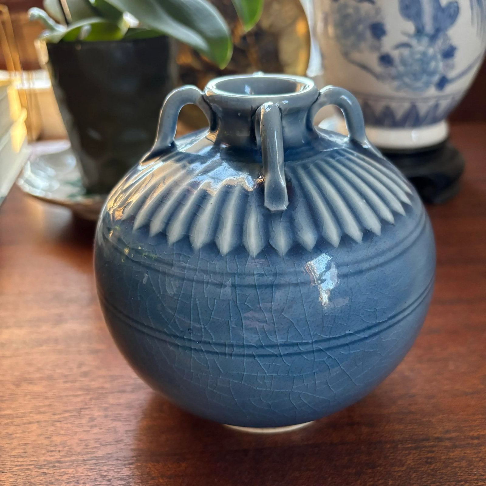 1990s Petite Maitland-Smith Blue High Glaze Pottery Vase With Handles - 2