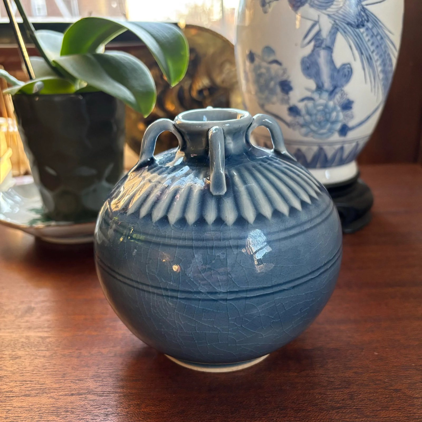 1990s Petite Maitland-Smith Blue High Glaze Pottery Vase With Handles - 3