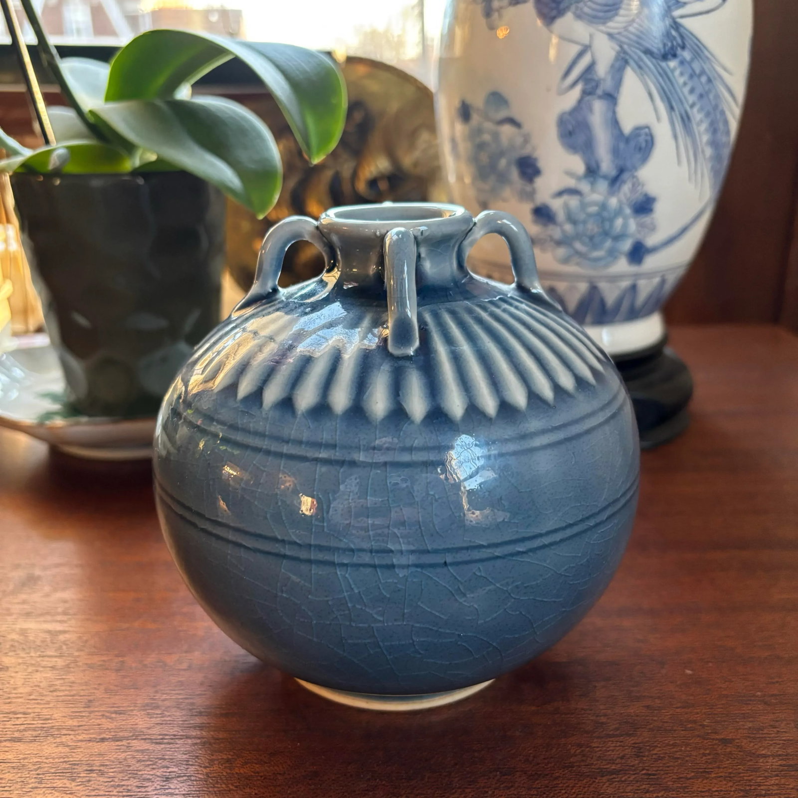 1990s Petite Maitland-Smith Blue High Glaze Pottery Vase With Handles - 4