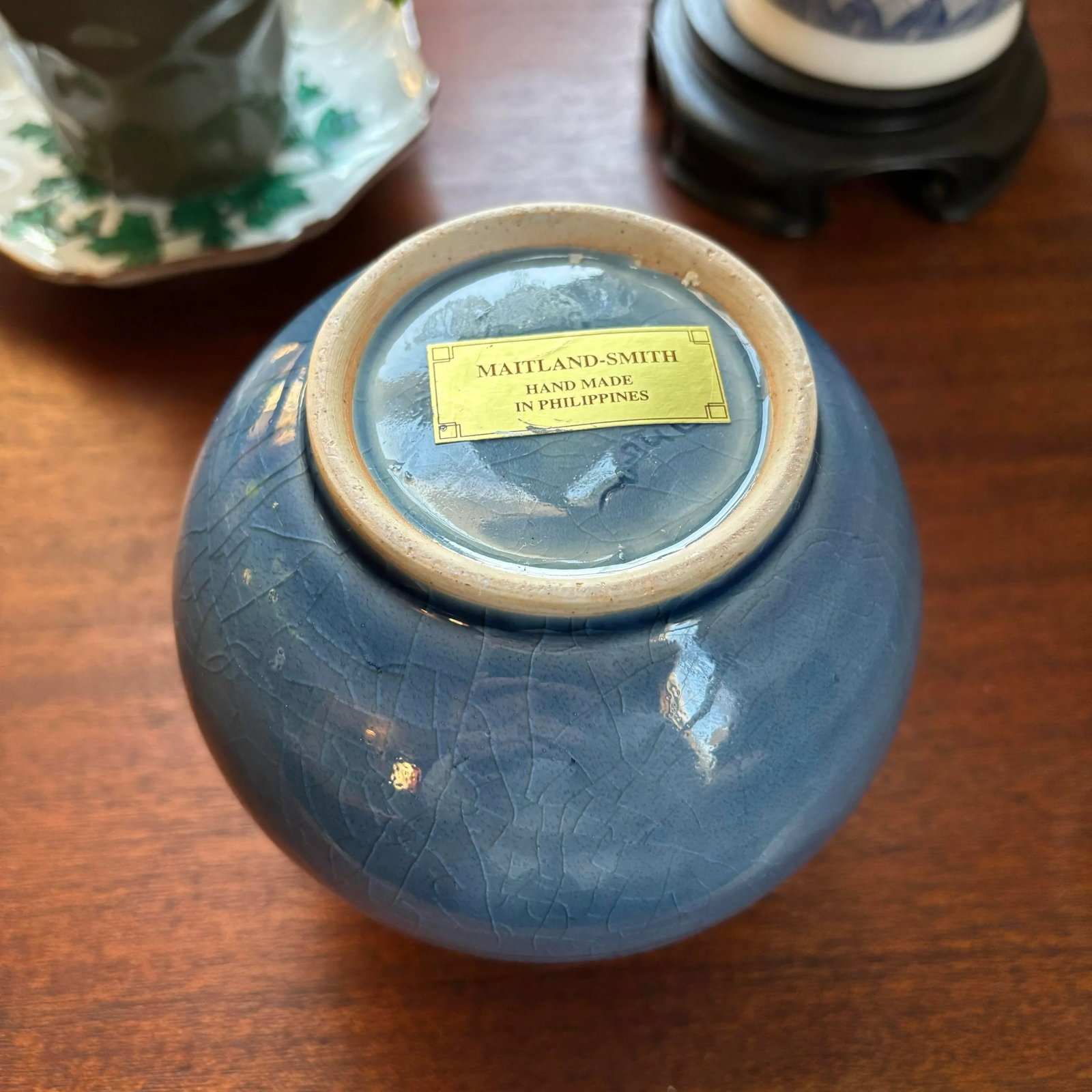 1990s Petite Maitland-Smith Blue High Glaze Pottery Vase With Handles - 5