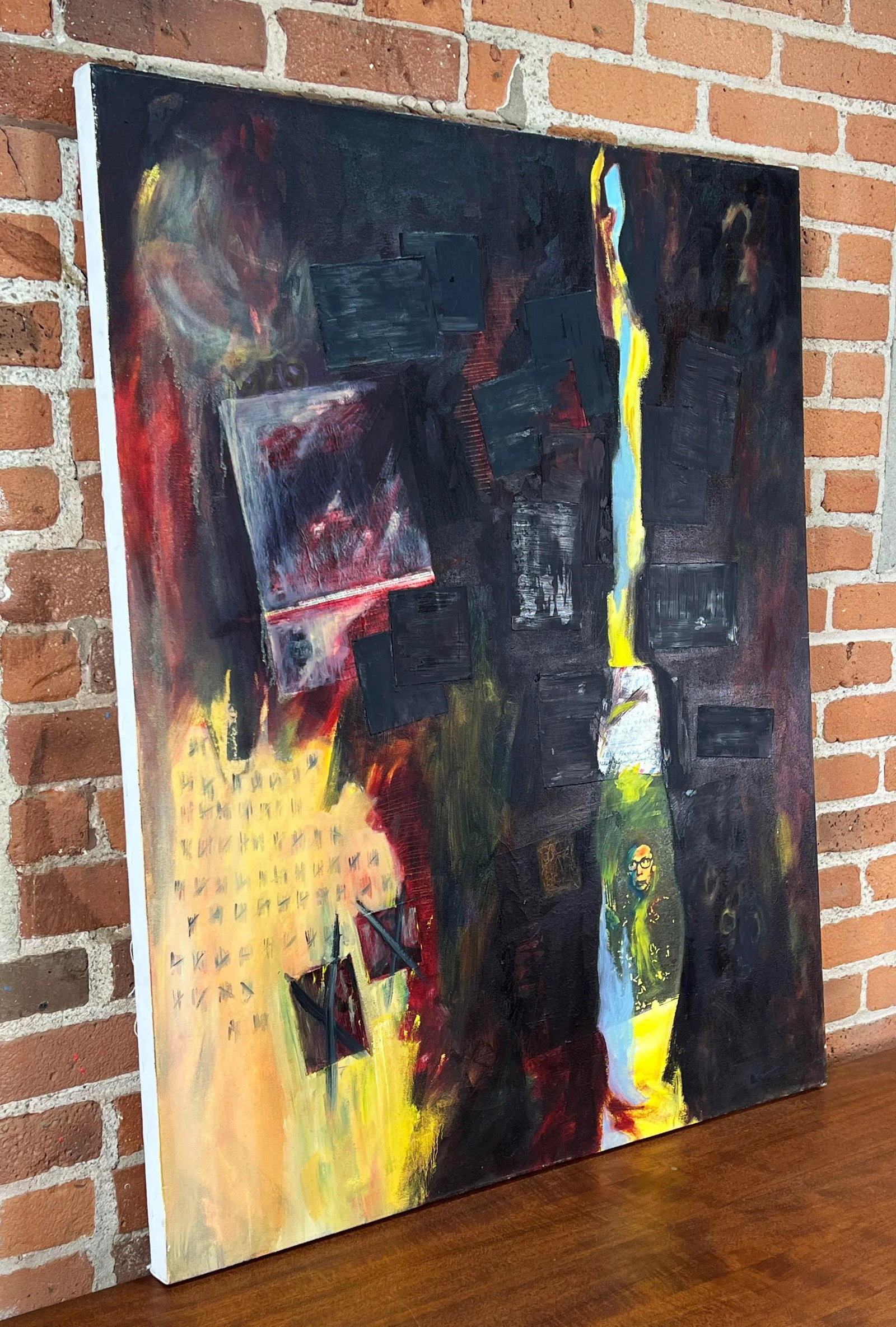 Vintage Dark Abstract Expressionist Painting Mixed Media Modern Art on Canvas - 3
