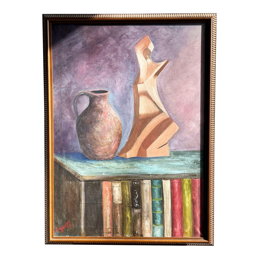 Vintage C.1978 Impressionist Oil on Canvas Still Life Painting Signed: Fabulous vintage c.1978 oil on canvas still life painting! This original still life painting features a sculptural wooden figure, a rustic clay jug, and a row of vintage books on a shelf. The warm,