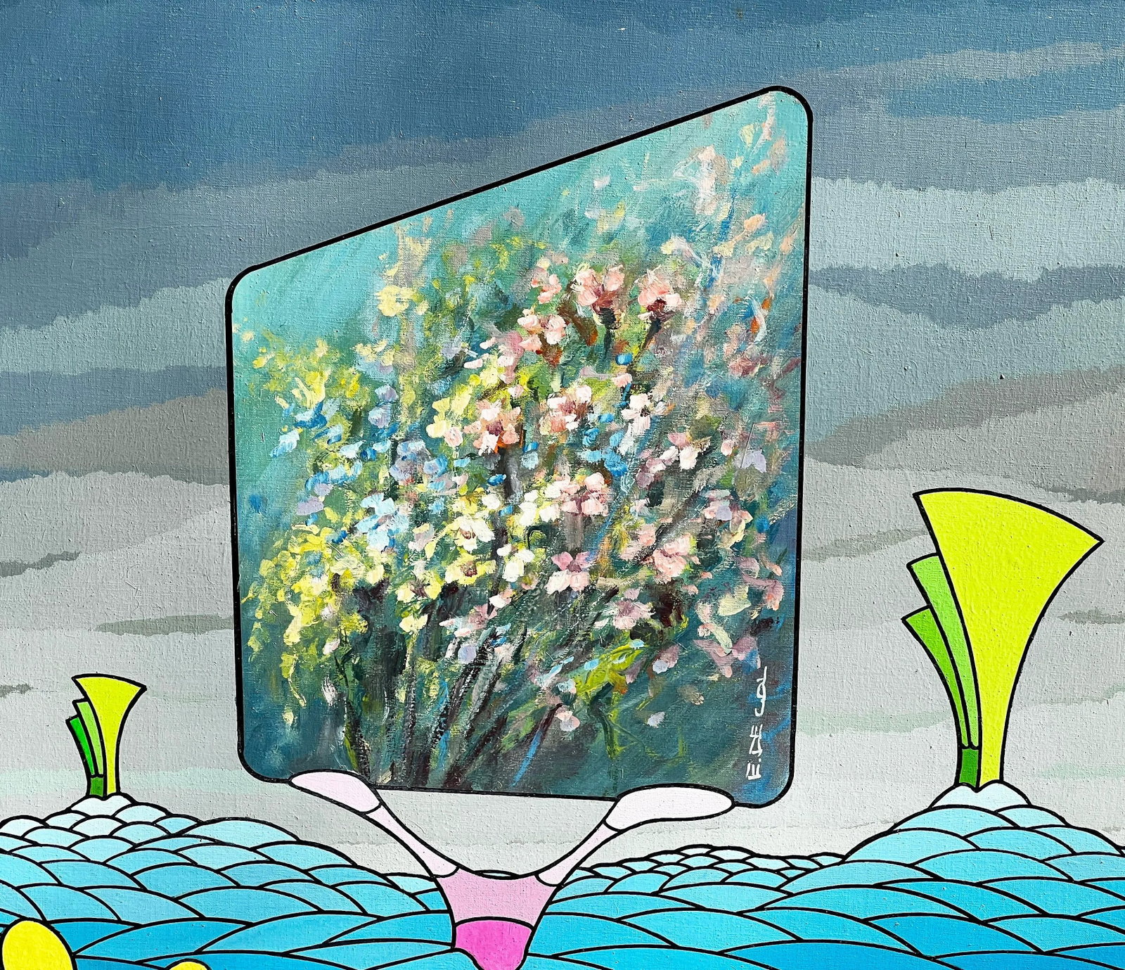 Vintage Italian Futuristic Surrealist Painting "Il Giardino-Degli Eletti" by Diego Cecchin (1987) - 4