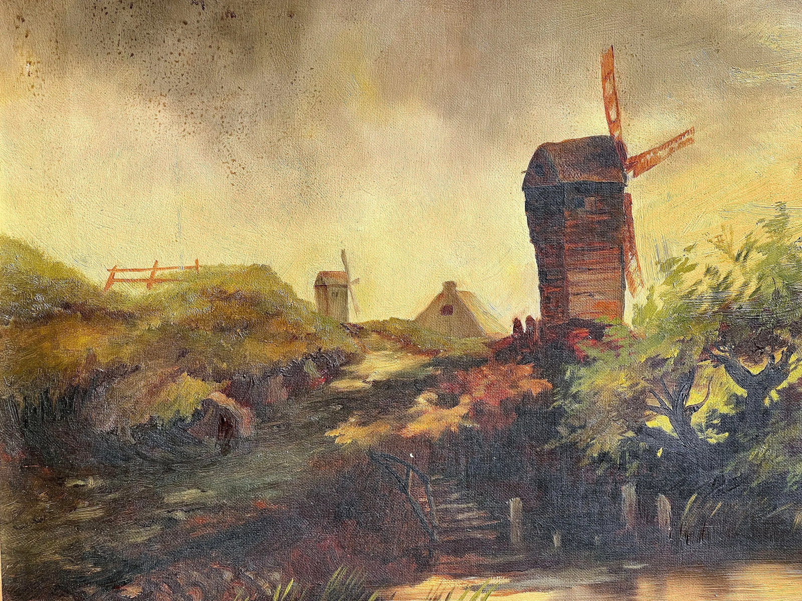 Antique 1880's Oil on Canvas Framed Painting of a Windmill Landscape 28"x20" - 2