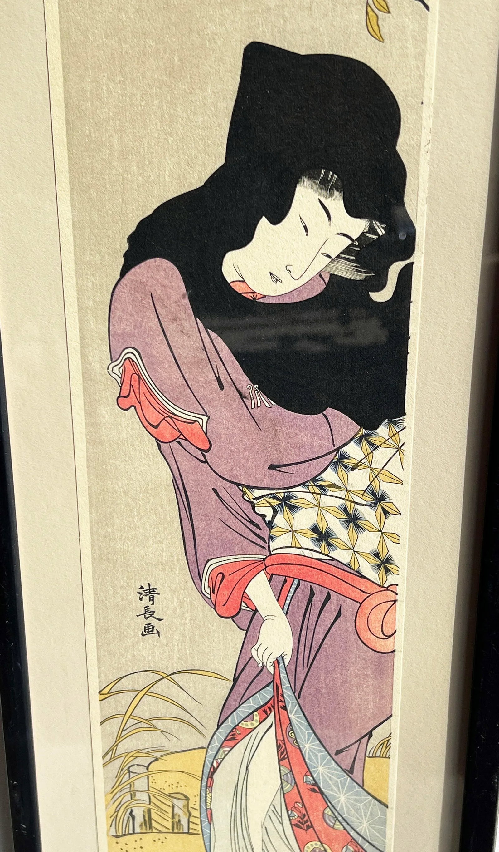 Vintage Japanese Woodblock Print 'Beauty Walking Under Windblown Wisteria' by Torii Kiyonaga - 2