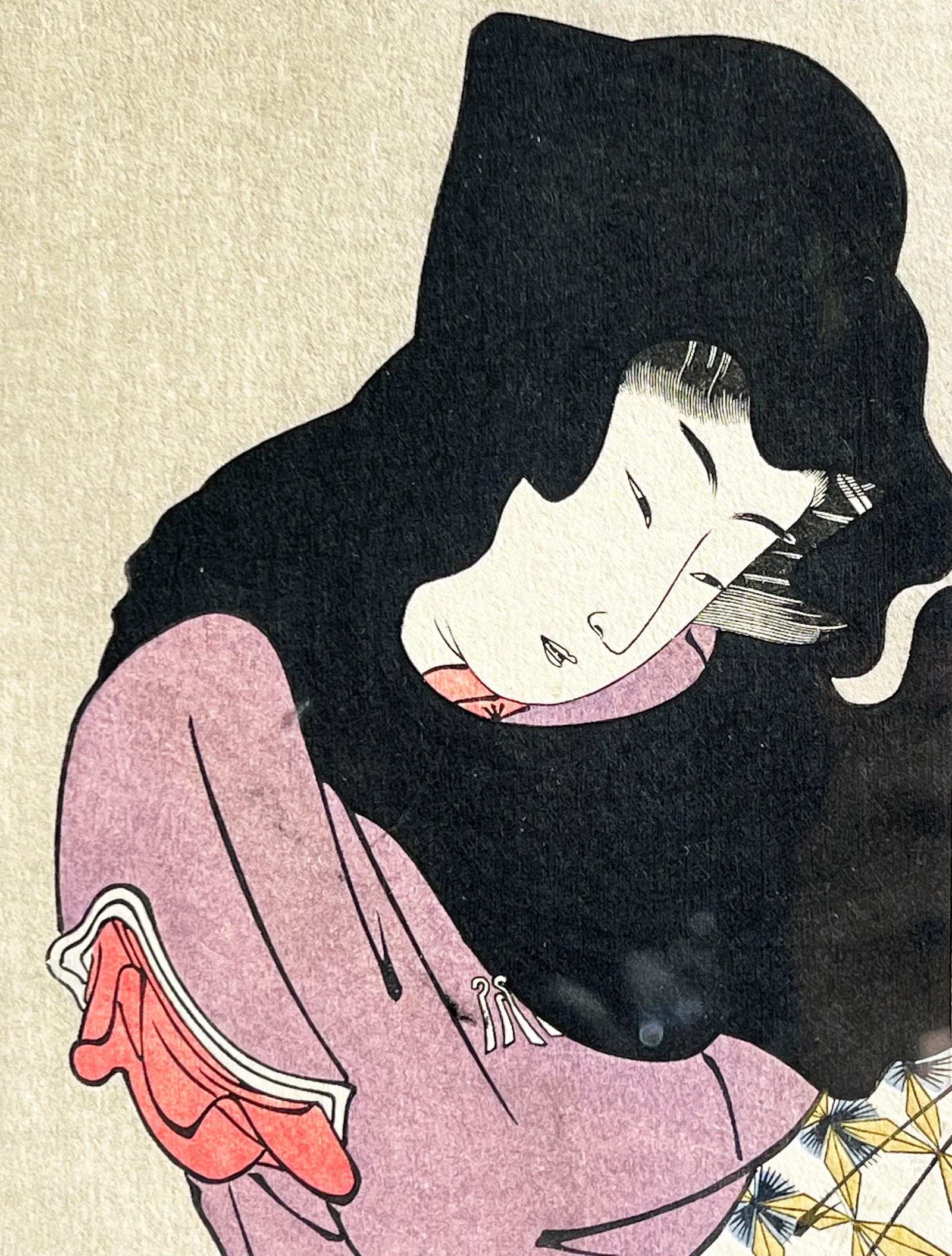 Vintage Japanese Woodblock Print 'Beauty Walking Under Windblown Wisteria' by Torii Kiyonaga - 3