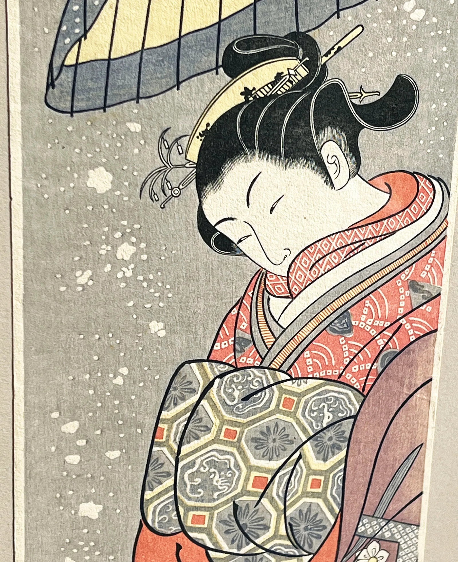 Vintage Japanese Woodblock Print 'Courtesan on Parade in Falling Snow' by Suzuki Harunobu - 2