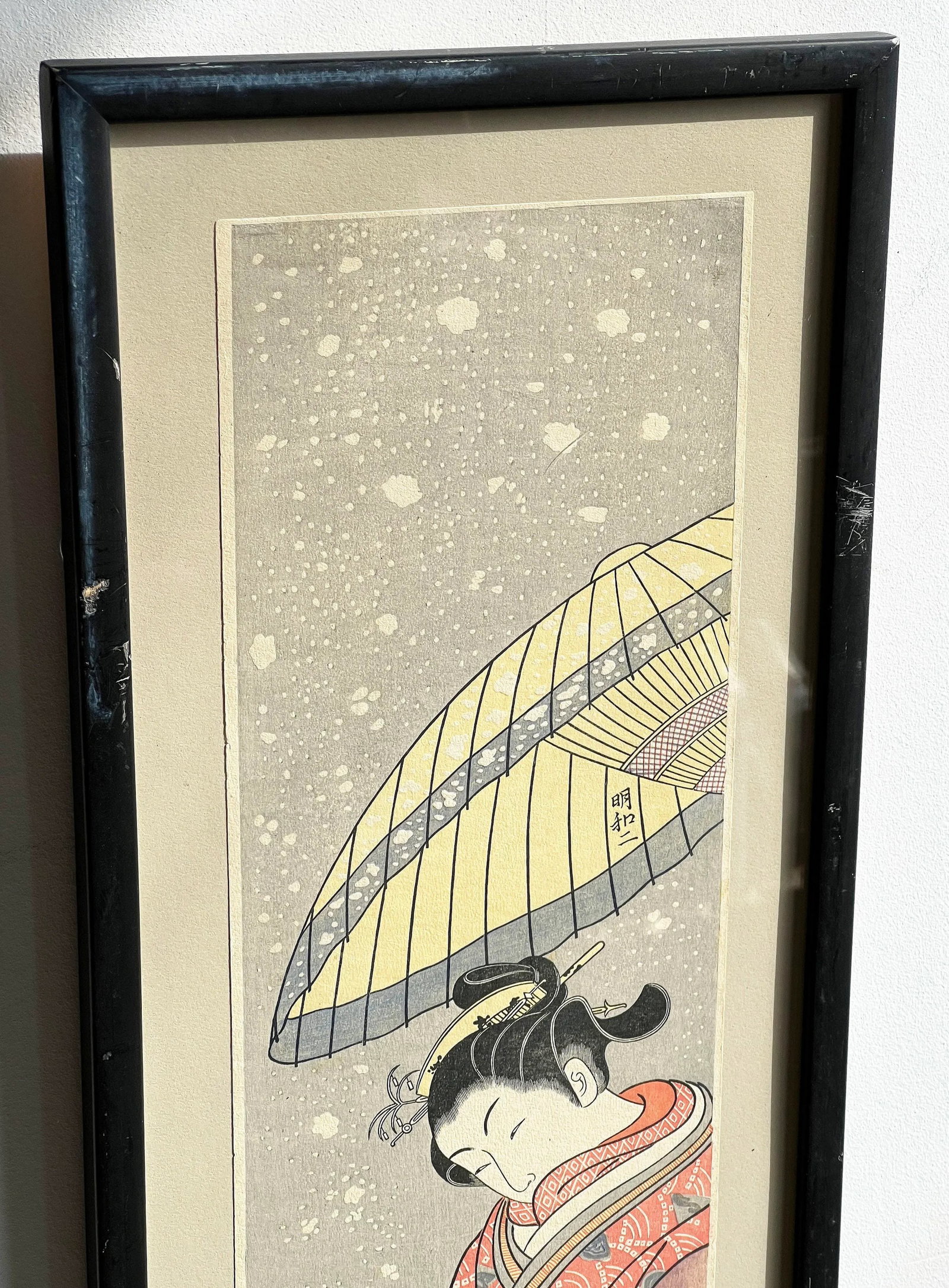 Vintage Japanese Woodblock Print 'Courtesan on Parade in Falling Snow' by Suzuki Harunobu - 3