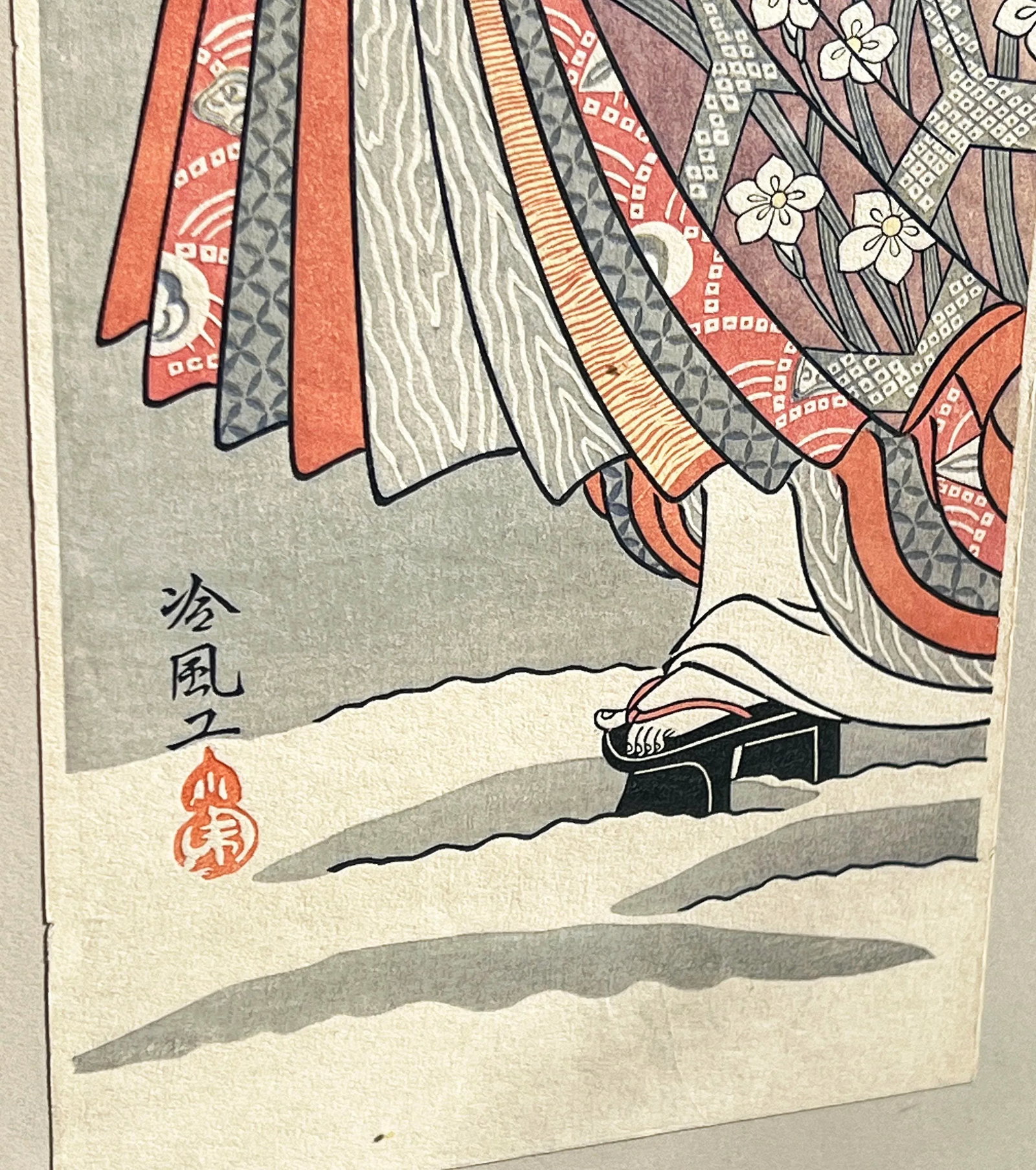 Vintage Japanese Woodblock Print 'Courtesan on Parade in Falling Snow' by Suzuki Harunobu - 4