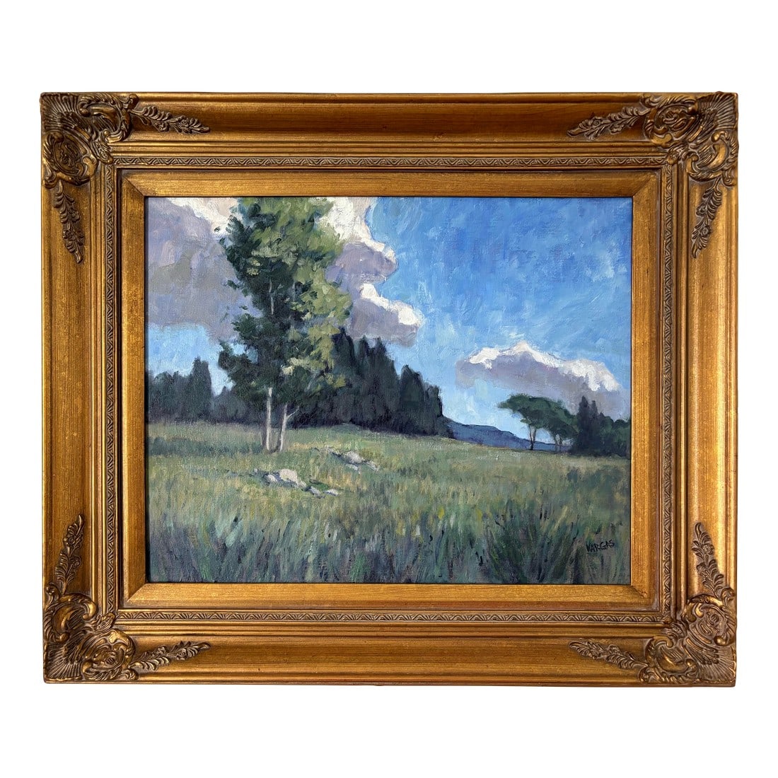 New England Landscape Oil Painting by American Artist Mary Peterson Vargas, Framed: Stunning New England countryside oil painting by Virginia artist Mary Peterson Vargas. The artist combines dynamic shapes, a rich palette, and a light-filled canvas to create a rich composition with