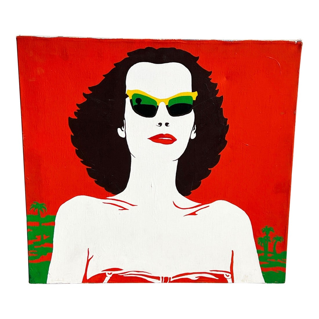 1973 Original Pop Art Portrait "The Wasp Woman" by Sarah Senter Thompson: Instantly iconic, this 1973 Pop Art painting by Sarah Senter Thompson radiates vintage glamour and bold confidence. Rendered with vibrant colors against a brilliant red backdrop, this captivating