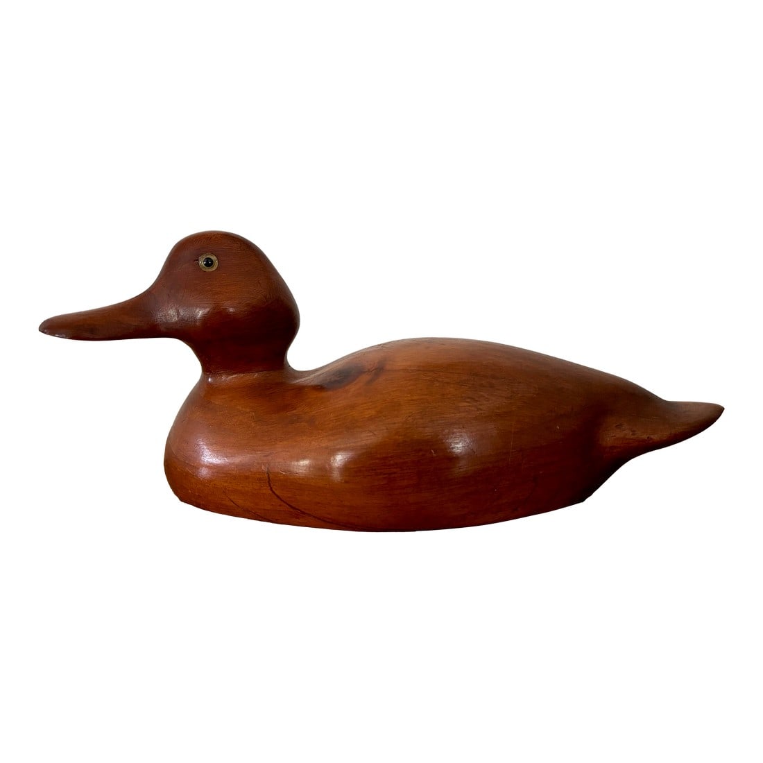 Vintage Hand Carved Duck Decoy: Beautifully hand carved duck decoy with glass eyes, beautiful natural wood grain patterns, and lovely shape overall. I ship quickly and conscientiously. Click on my shop "Pub & Oasis Fine Interiors"