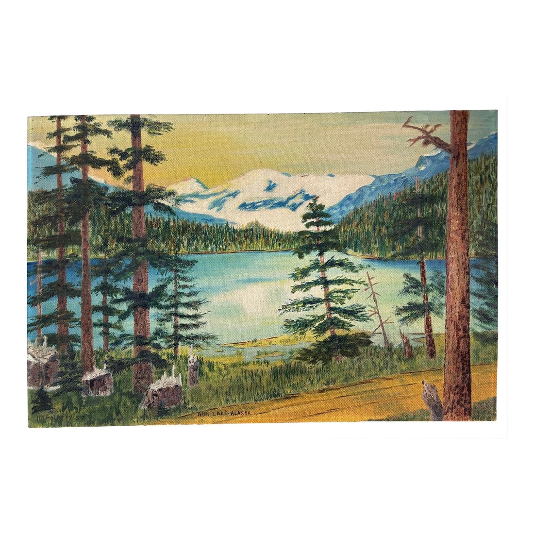1930s Alaskan Wilderness Folk Art Oil Painting, Signed: 1930s Folk Art antique oil painting on board, bottom states "Auk Lake - Alaska. Signed by artist on lower left, "K.A. Painter - 37". Painting is unframed. I ship quickly and conscientiously. Click on