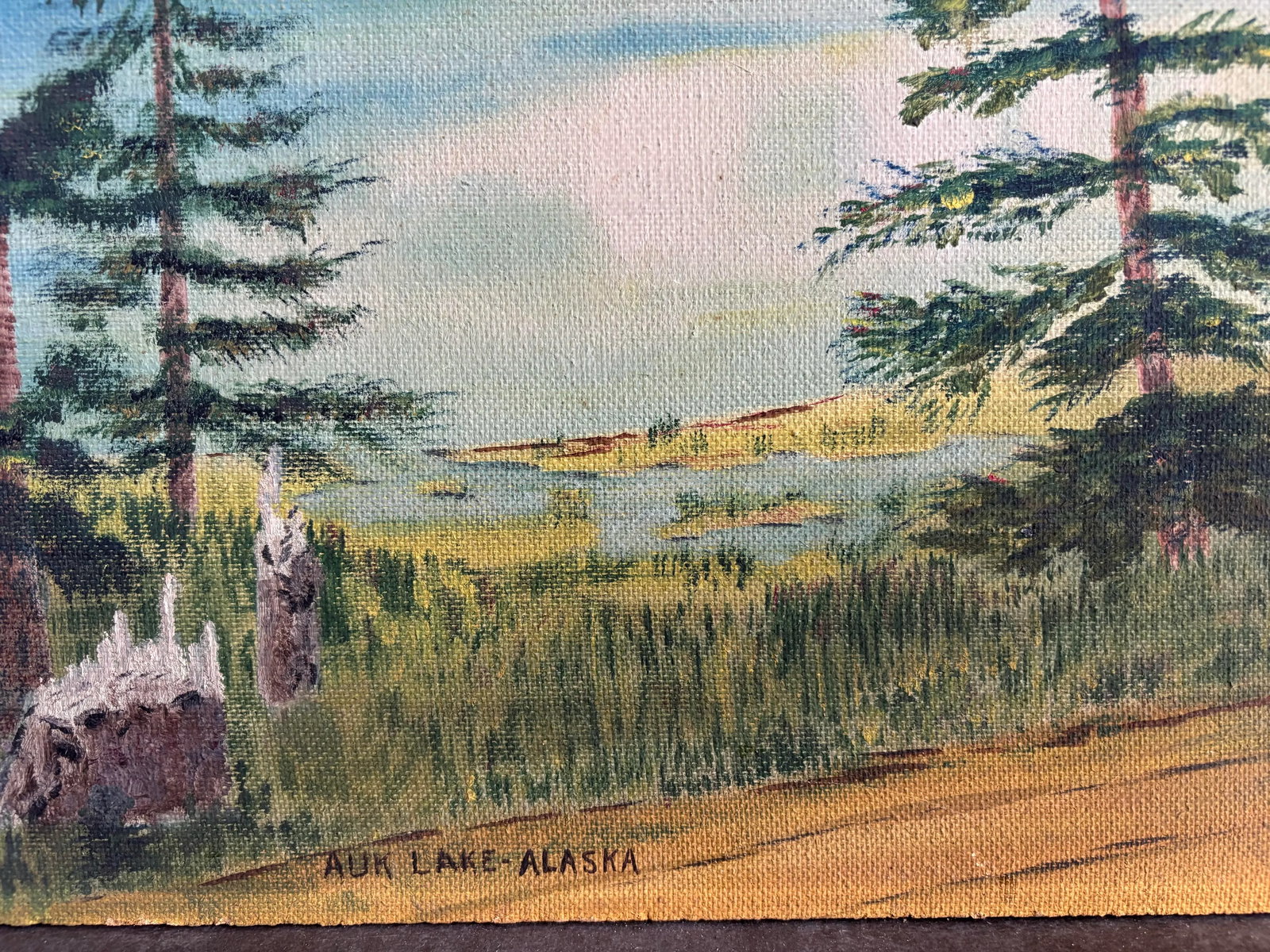 1930s Alaskan Wilderness Folk Art Oil Painting, Signed - 2