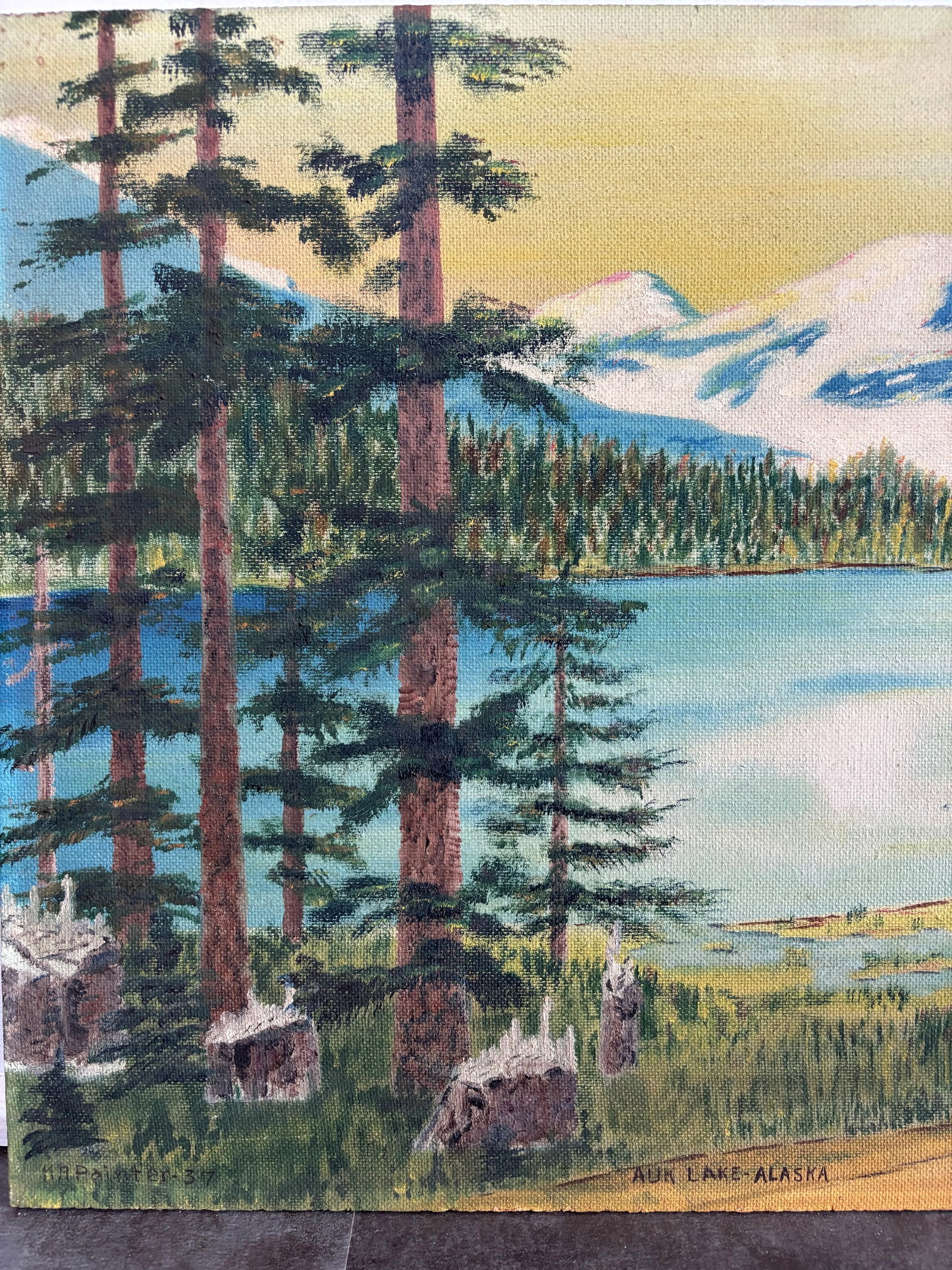 1930s Alaskan Wilderness Folk Art Oil Painting, Signed - 7